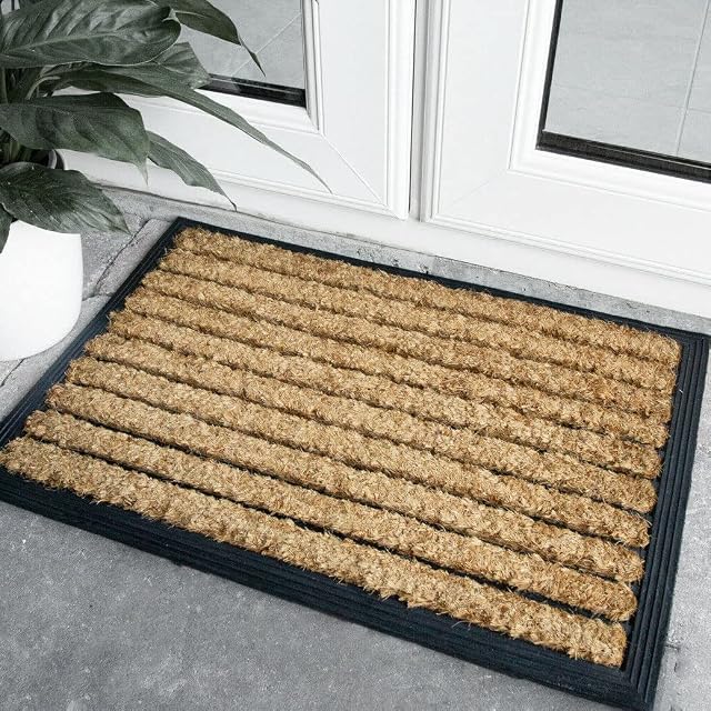 Door Mats Outdoor Backdoor Dirt Trapper Heavy Duty Mat Natural Coir Thick Stripe Mat Brown Shoe Scrapper Long Lasting Easy Clean Front Back Door Mats