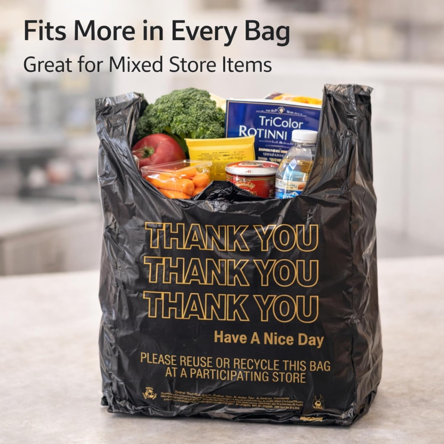 Black Thank You Plastic Bags Medium 10 x 5 x 18 in, 14 Micron T-Shirt Carryout Bags, Gold Print Retail Checkout Bags, Grocery & Store Use, Bulk 1000 Count