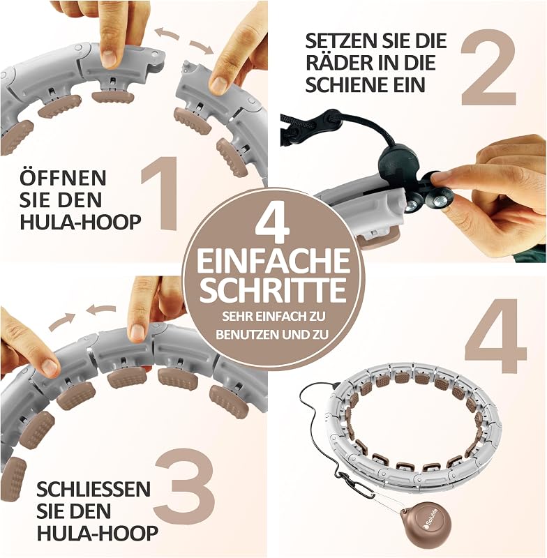 Solulife Hula Hoop Felnőtteknek Fogyáshoz és Masszázshoz, 24 Darabos Állítható Karika Súlygolyóval, ABS Anyag, Taupe Szín