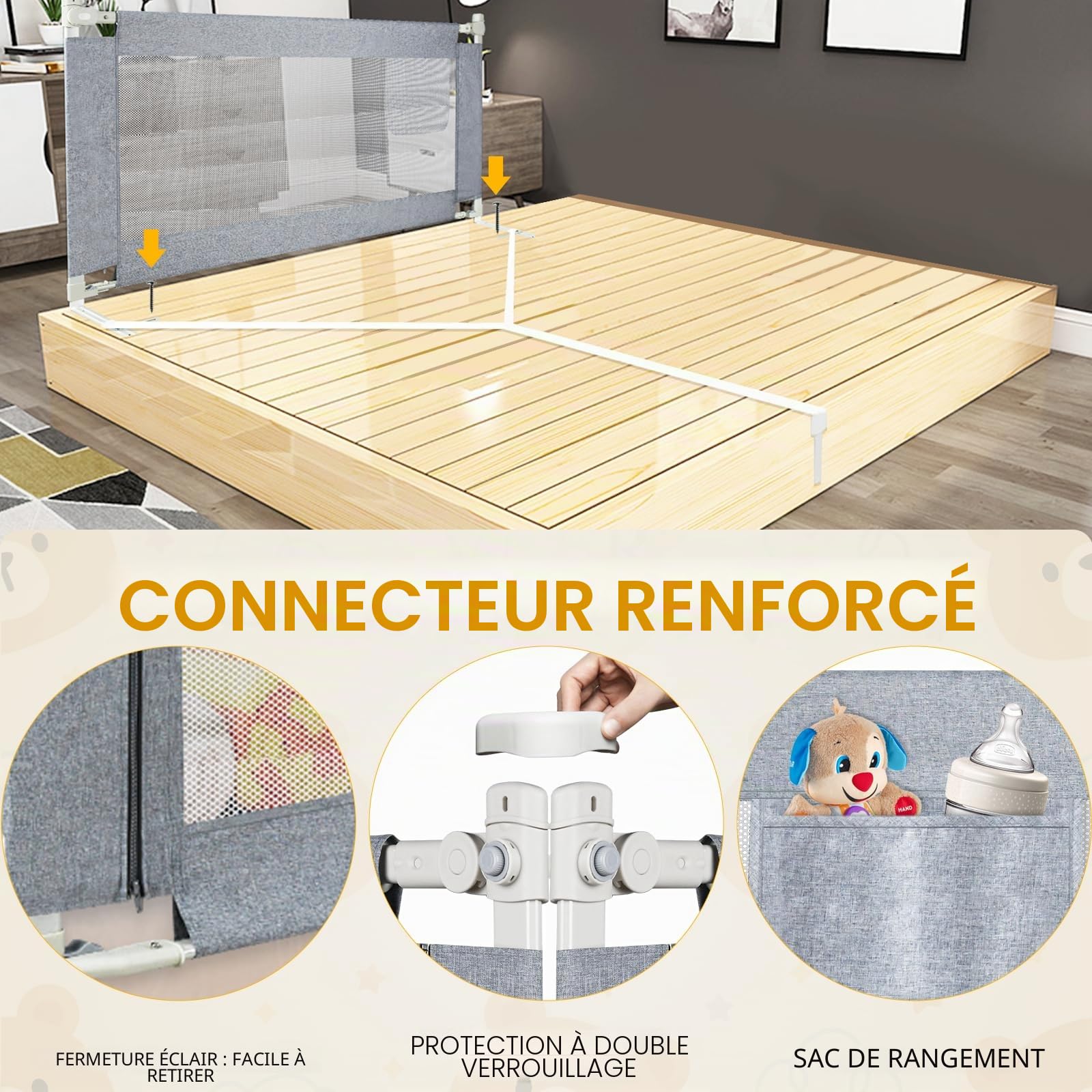 Barrière de lit pour enfant et bébé, 180 cm, protection anti-chute, avec fonction de levage vertical et protection contre les chutes, système d'ancrage renforcé, lit à sommier tapissier