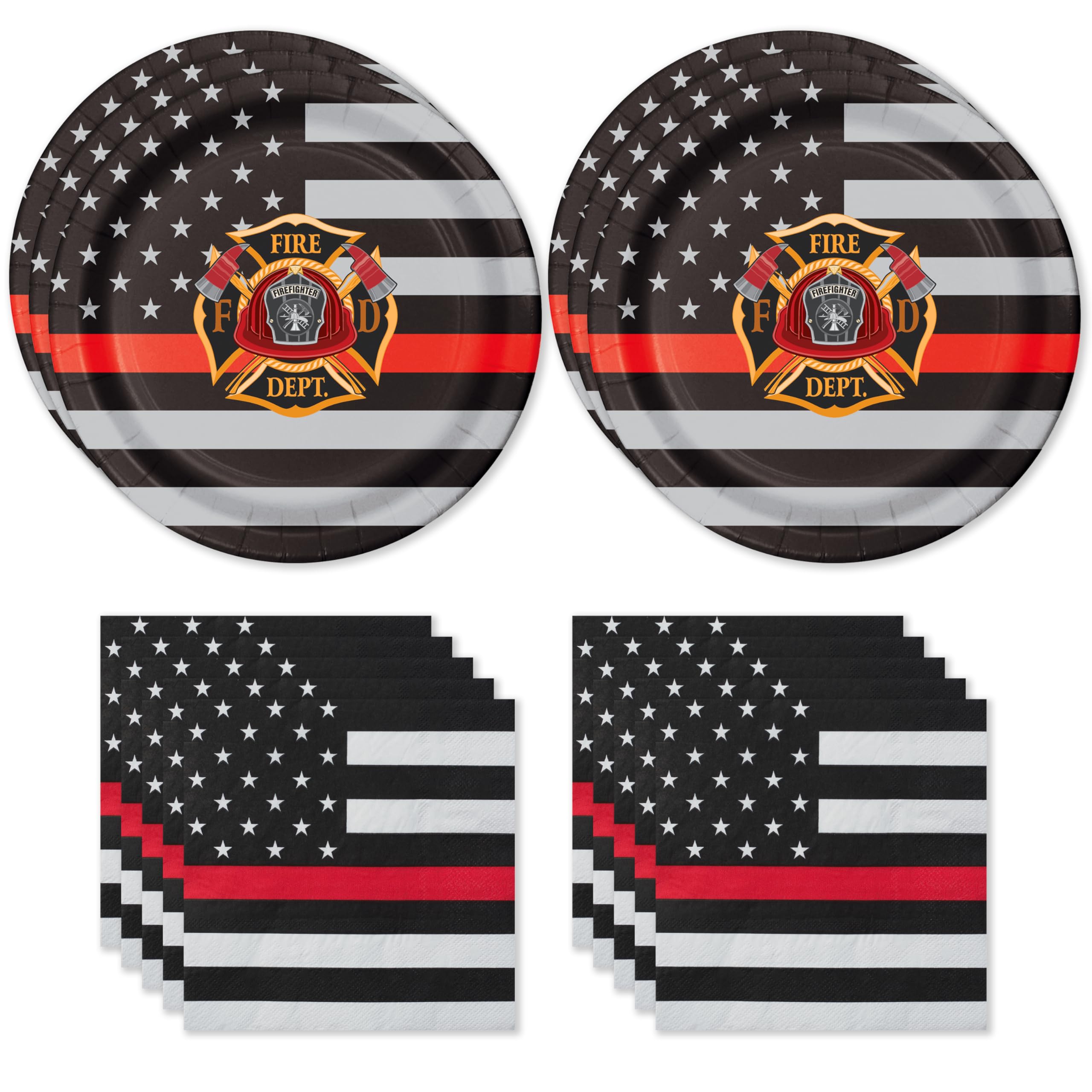 Firefighter-Thin Red Line Party for 16 guests! Includes 16 ea. Large 9” Dinner Plates and Napkins all in the Beautiful Thin Red Line Flag Pattern. by