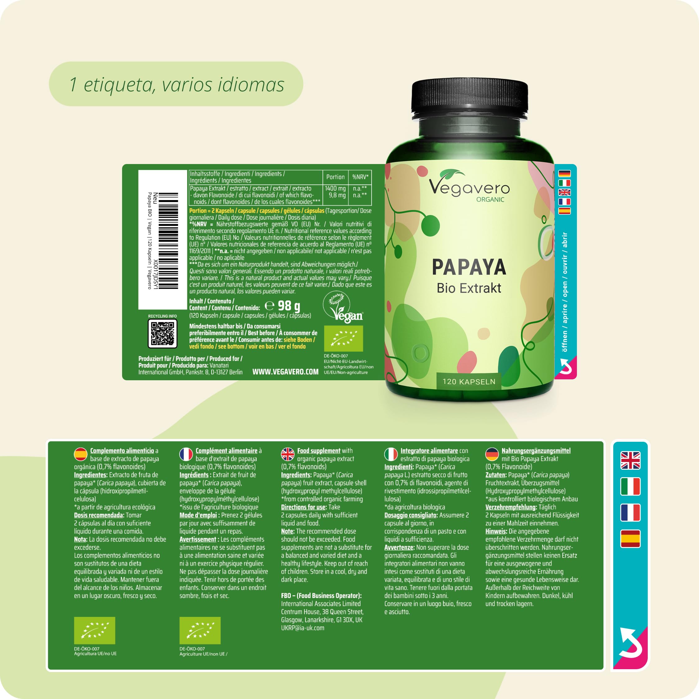 BIO Papaya Vegavero | Alta Dosis 1400mg | Calidad Española | Sin Aditivos | Estreñimiento + Digestión + Gases | Fuente de Papaína & Vitamina C | 120 Cápsulas