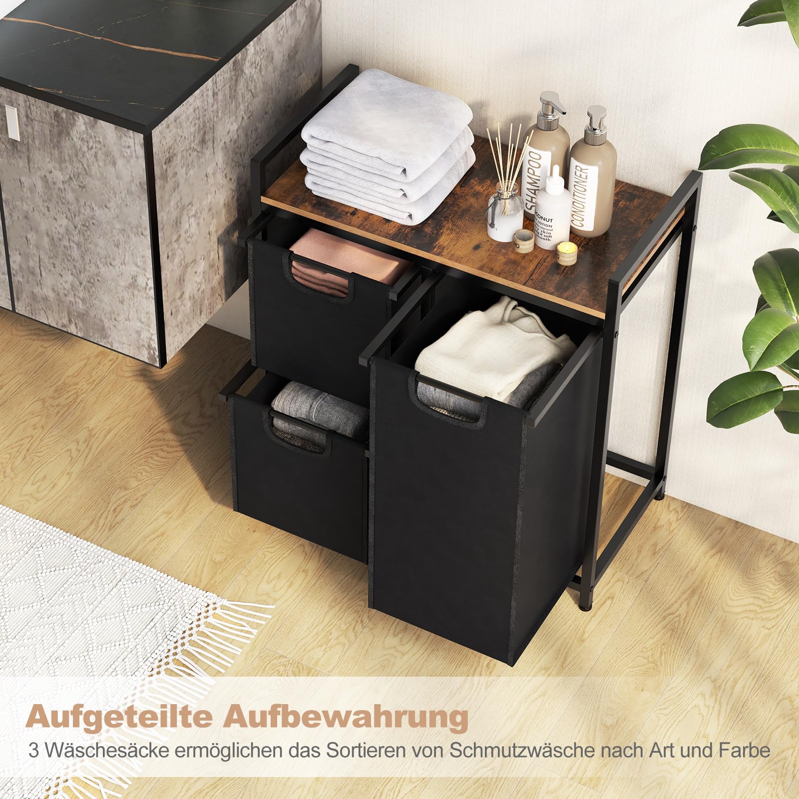 GOPLUS Wäschekorb mit Ablage, Wäschesammler mit 3 Fächern & abnehmbaren Innentaschen & Griffen, Wäschebox für Schmutzwäsche für Waschküche, Badezimmer, Schlafzimmer Küche, Haushalt & Wohnen