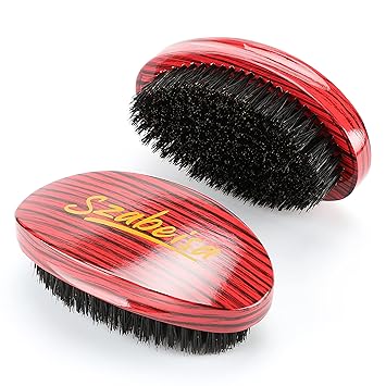 Szabeisa Hair Brush For Men PU Glossy Medium Hard Wave Brush Curve 360 Palm Brush For 360 Waves (red wood grain)