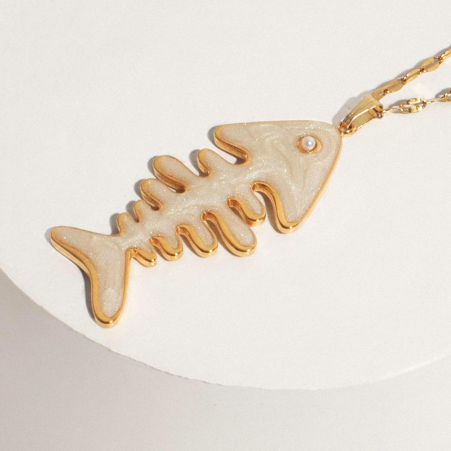 Women's Gold Plated Necklace of 18k Stainless Steel with Enamel Fish Bone Pendant & Pearl Accent 16" + 2" Adjustable Textured Chain Summer Beach Jewelry