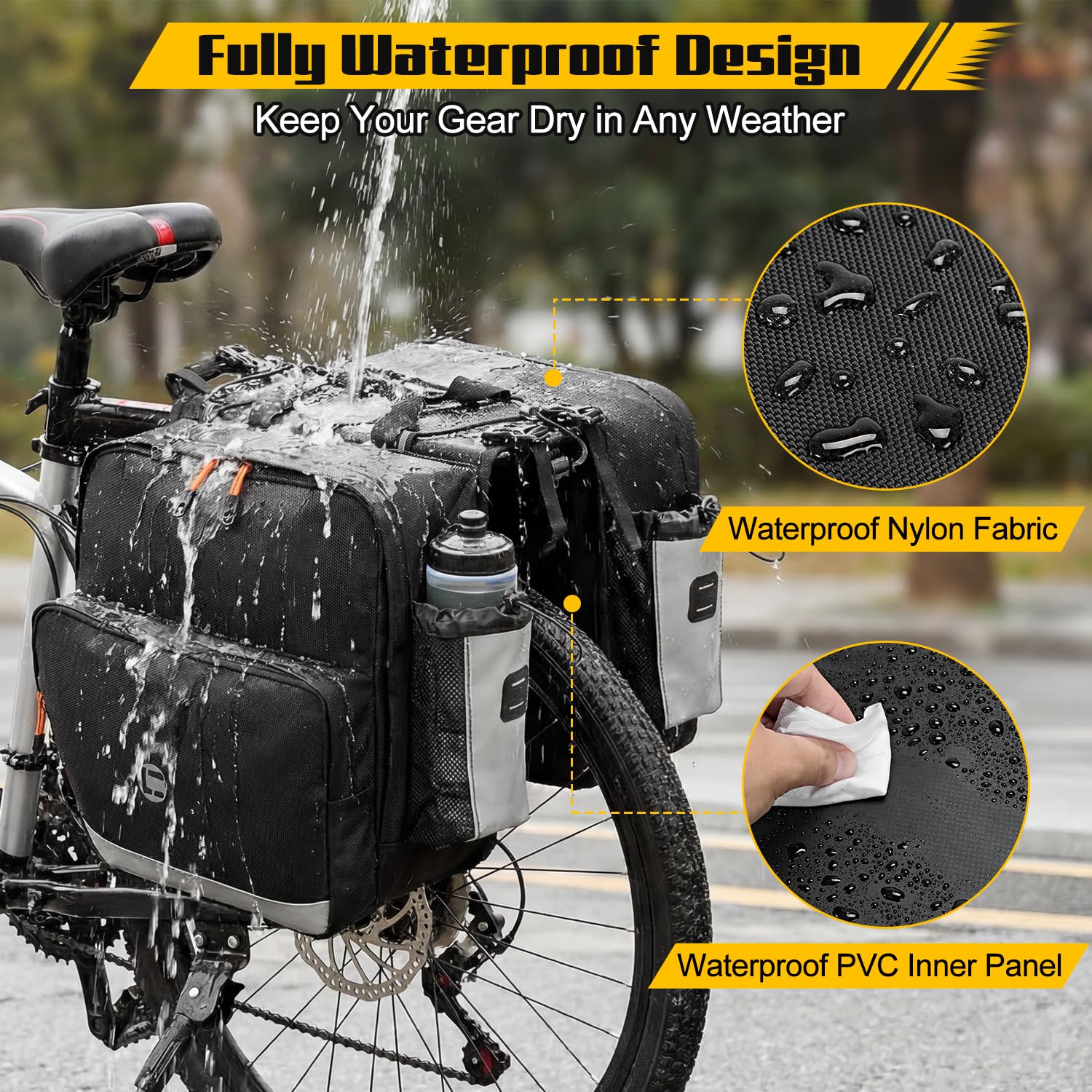 WOTOW Borsa da bici laterale - Borsa posteriore da 36L resistente all'acqua per portapacchi bici con strisce riflettenti e manici, borse da sella per bicicletta elettrica per ciclismo
