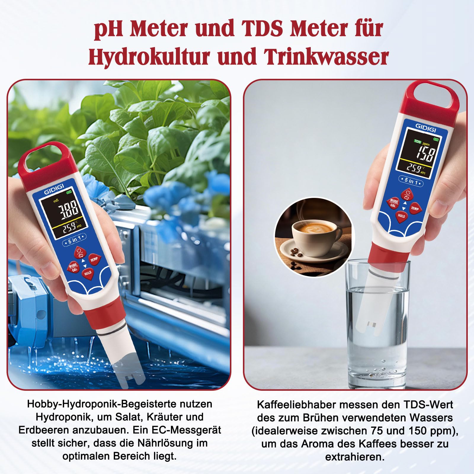 Digitales Schwimmbad-Salzgehaltsmessgerät, 5-in-1 pH- und TDS-Messgerät, geeignet für Meerwasser-Schwimmbäder, ausgestattet mit Kalibrierkit, Salzgehaltsmessgerät für Meerwasseraquarien