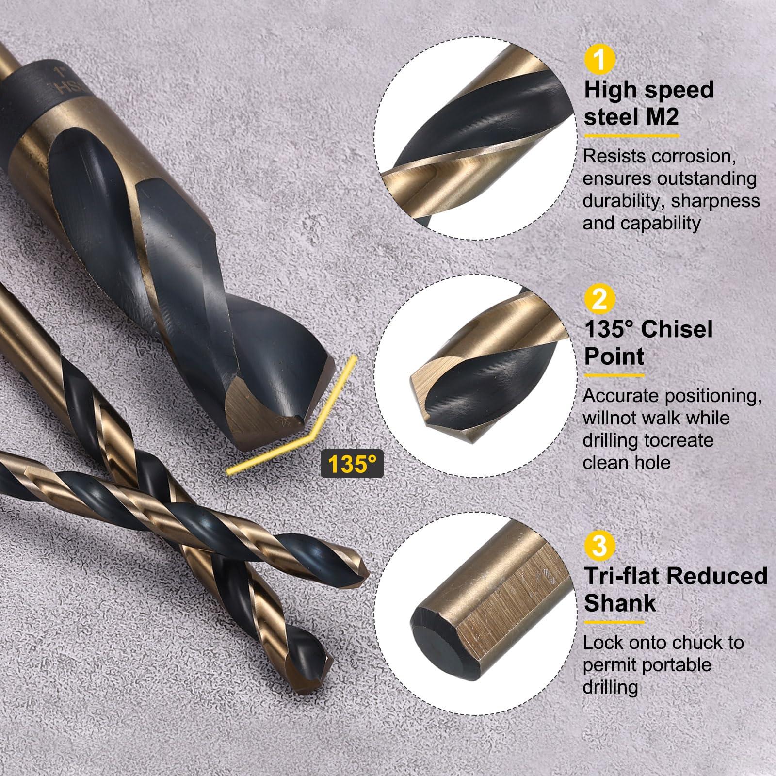 sourcing map 14 punte elicoidali per trapano con codolo ridotto, diametro 3/8", gambo da 3/8", in acciaio ad alta velocità, M2, finitura in ossido nero e oro, per forare metalli duri, acciaio