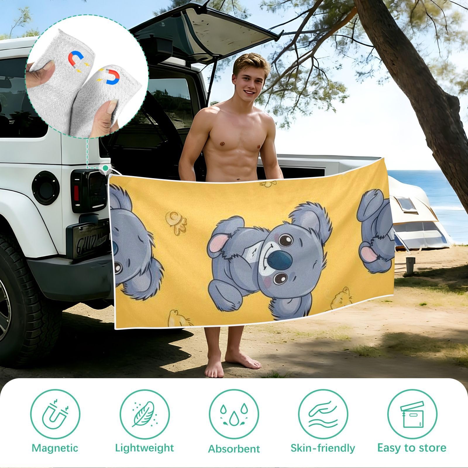 Grandes serviettes de plage avec sacs en maille pour adultes, motif koala mignon à pois blancs jaunes avec fermeture magnétique, serviette absorbante à séchage rapide pour piscine, camping et