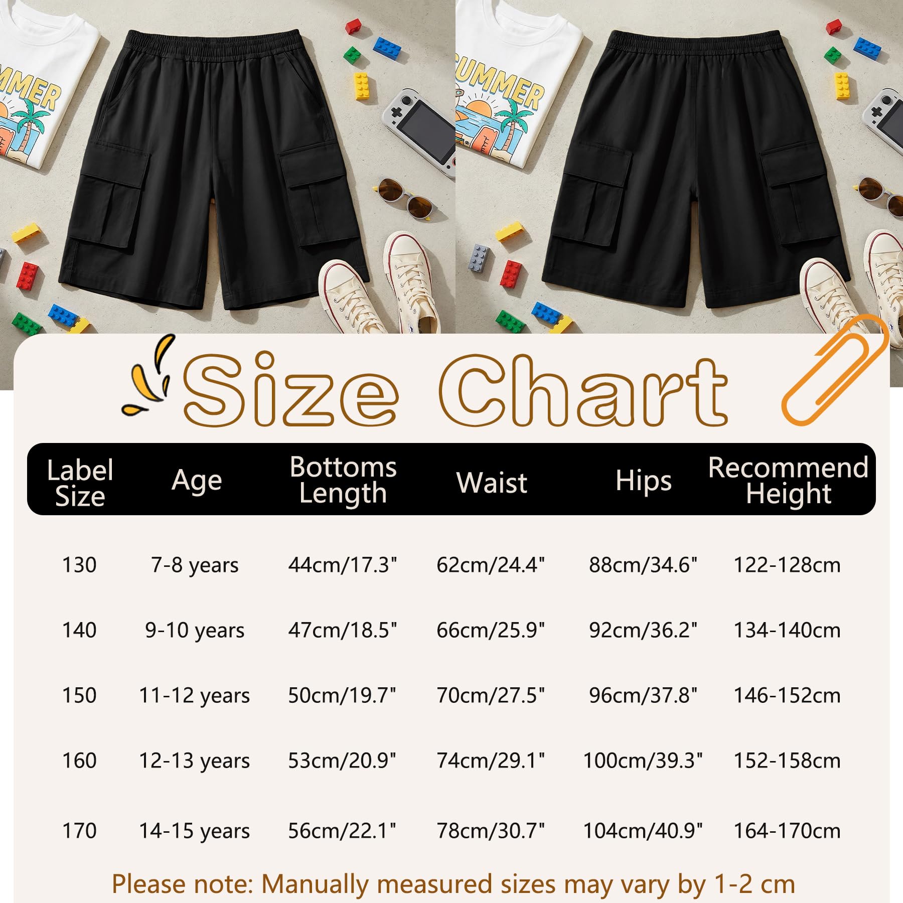 Shorts Cargo Niños, Cintura Elástica Short con Múltiples Bolsillos, Baggy Ligero Pantalones Corto Deportivos, Transpirable Pantalón Casual Streetwear para Infantil 7-15 Años