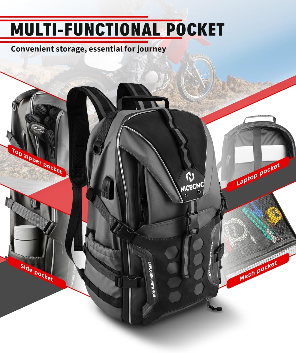 Motorcycle Helmet Bag Universal Motorcycle Helmet Backpack with 35L Large Capacity Motorcycle Riding Backpacks for Men Lugguge Storage Bag with Hidden Net, Grey