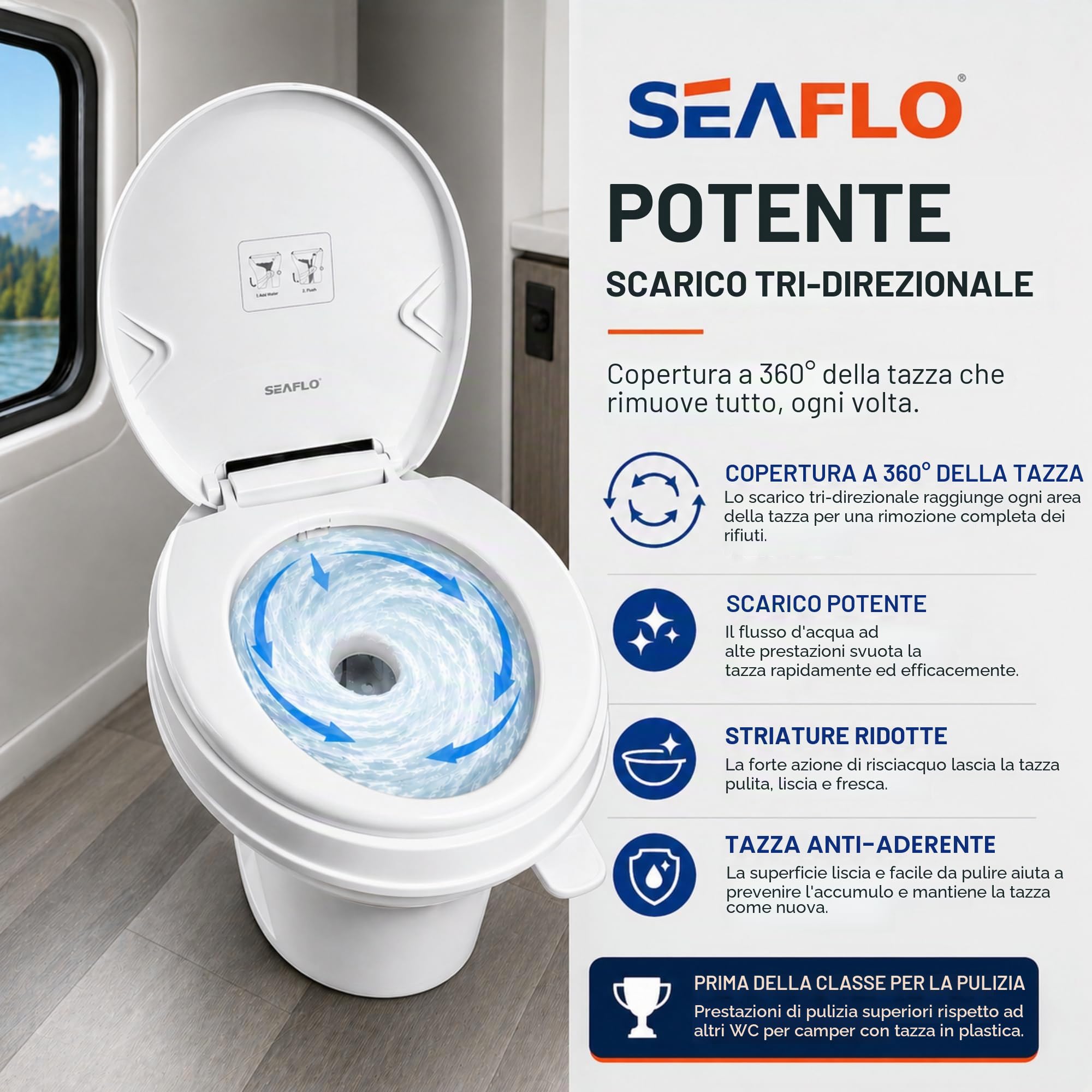 SEAFLO, WC per camper con altezza stile WC domestico da 46,7 cm, pedale con scarico a gravità, si adatta alla maggior parte dei camper (distanza di installazione di 24,1 cm), sedile con chiusura
