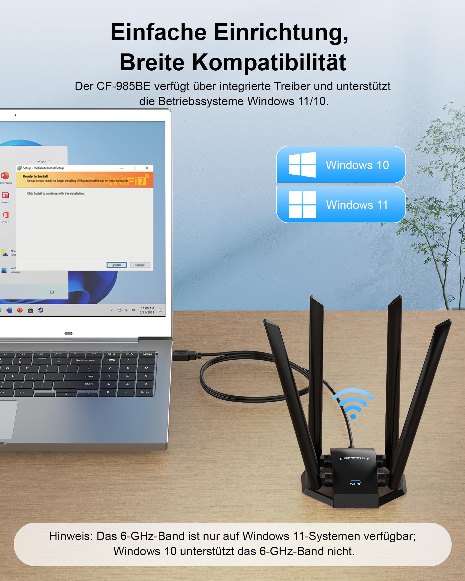 COMFAST WiFi 7 USB WLAN Stick WLAN Adapter 6500Mbit/s Tri-Band, 4X High-Gain Antennen, OFDMA/MU-MIMO, WPA3 Sicherheit, mit Verlängerungskabel für Flexible Positionierung, Plug&Play Windows 10/11