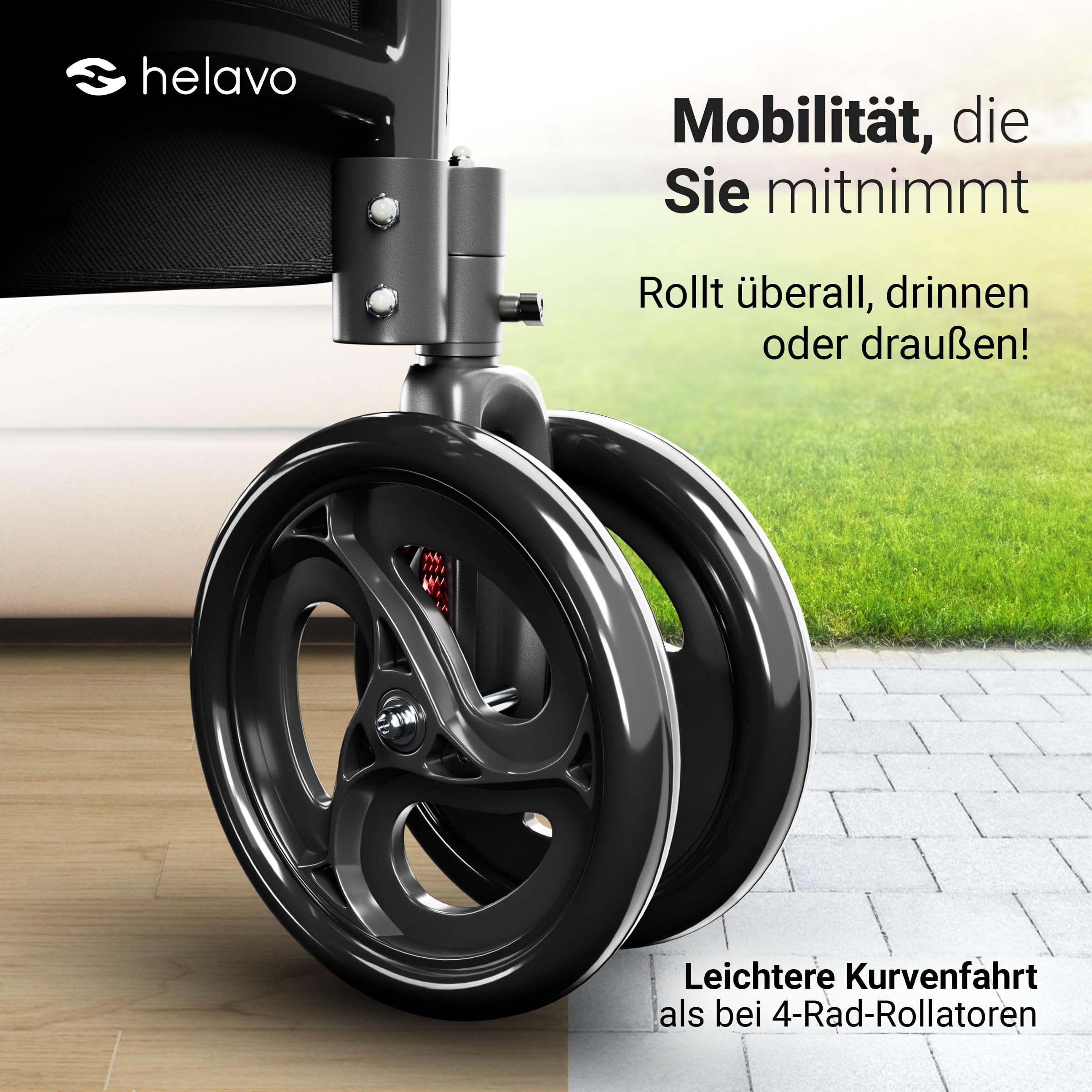 Helavo Rollator mit 3 Rädern - 5,5 kg leicht - Für Wohnung & Draußen | Aluminium-Dreiradrollator mit maximaler Stabilität dank doppeltem Vorderrad - Inkl Transporttasche - Höhenverstellbare Griffe