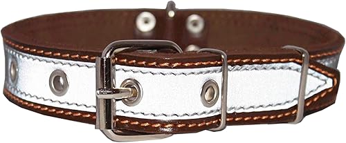 Collar de perro reflectante de cuero genuino de 22 pulgadas de largo 1.25 pulgadas de ancho, color marrón para cuello de 15.5 a 19.5 pulgadas