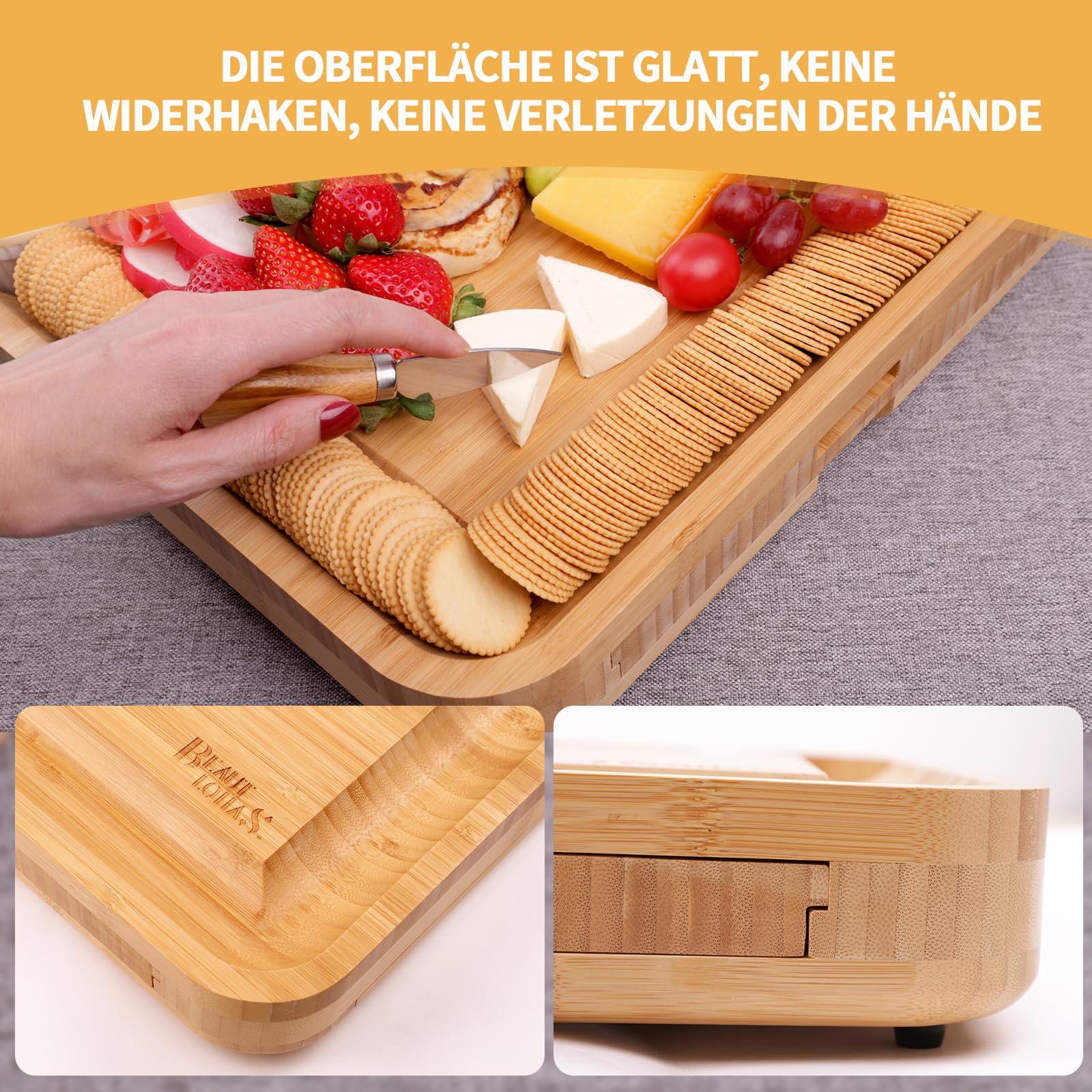 Bambus-Käsebrett, Käsebrett mit Käsemesser-Set, Charcuterie Board,Käsebretter, Servierbrett, für Wein, Cracker, Brie und , Fleisch, Einweihungsgeschenk für Leckereien, Weihnachten, Erntedankfest