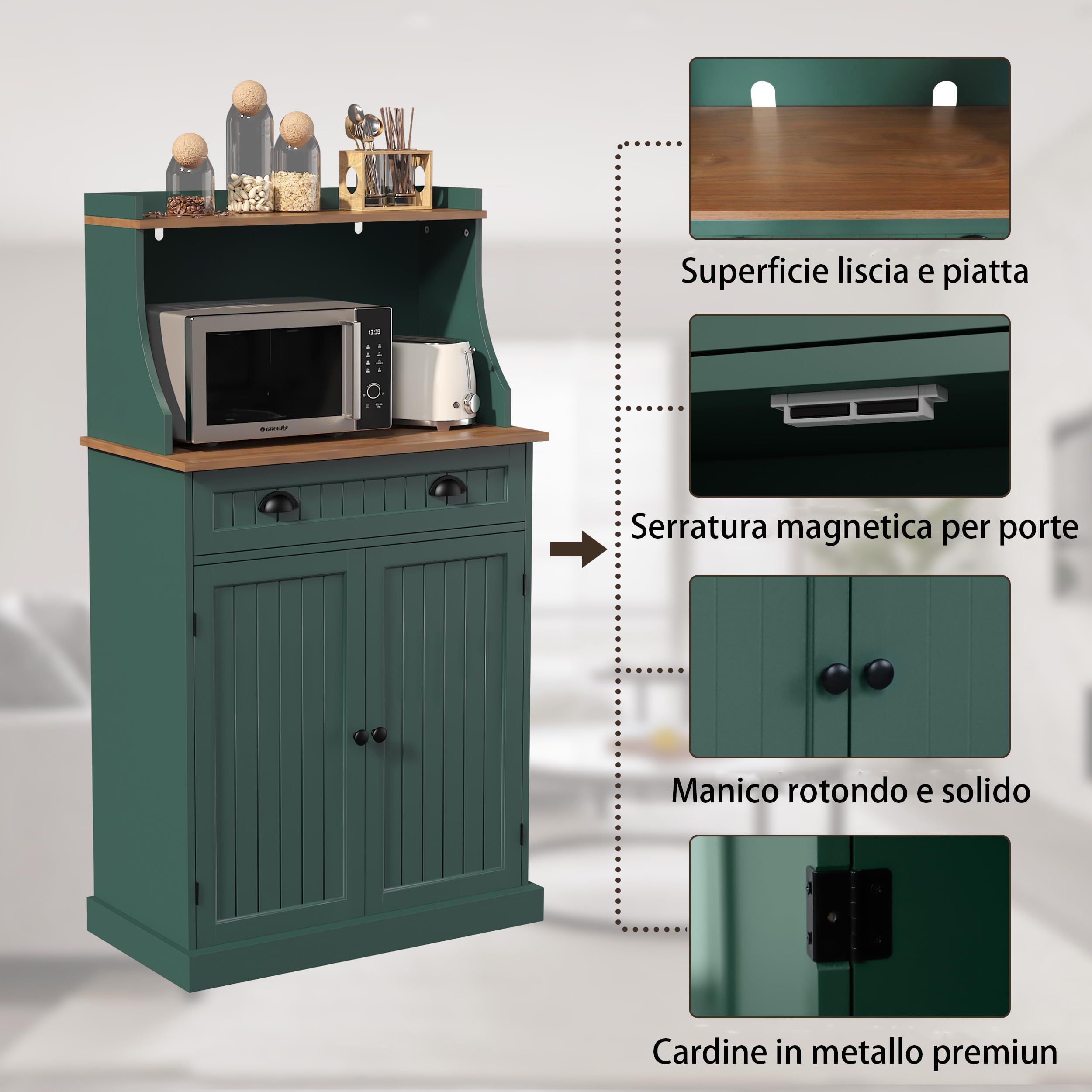 HOLTICO Armadio Multiuso per Cucina con Spazio Microonde, Mobile Salvaspazio Verde con Ripiano Regolabile, Adatto per Soggiorno, Camera da Letto, Sala da Pranzo e Garage, verde