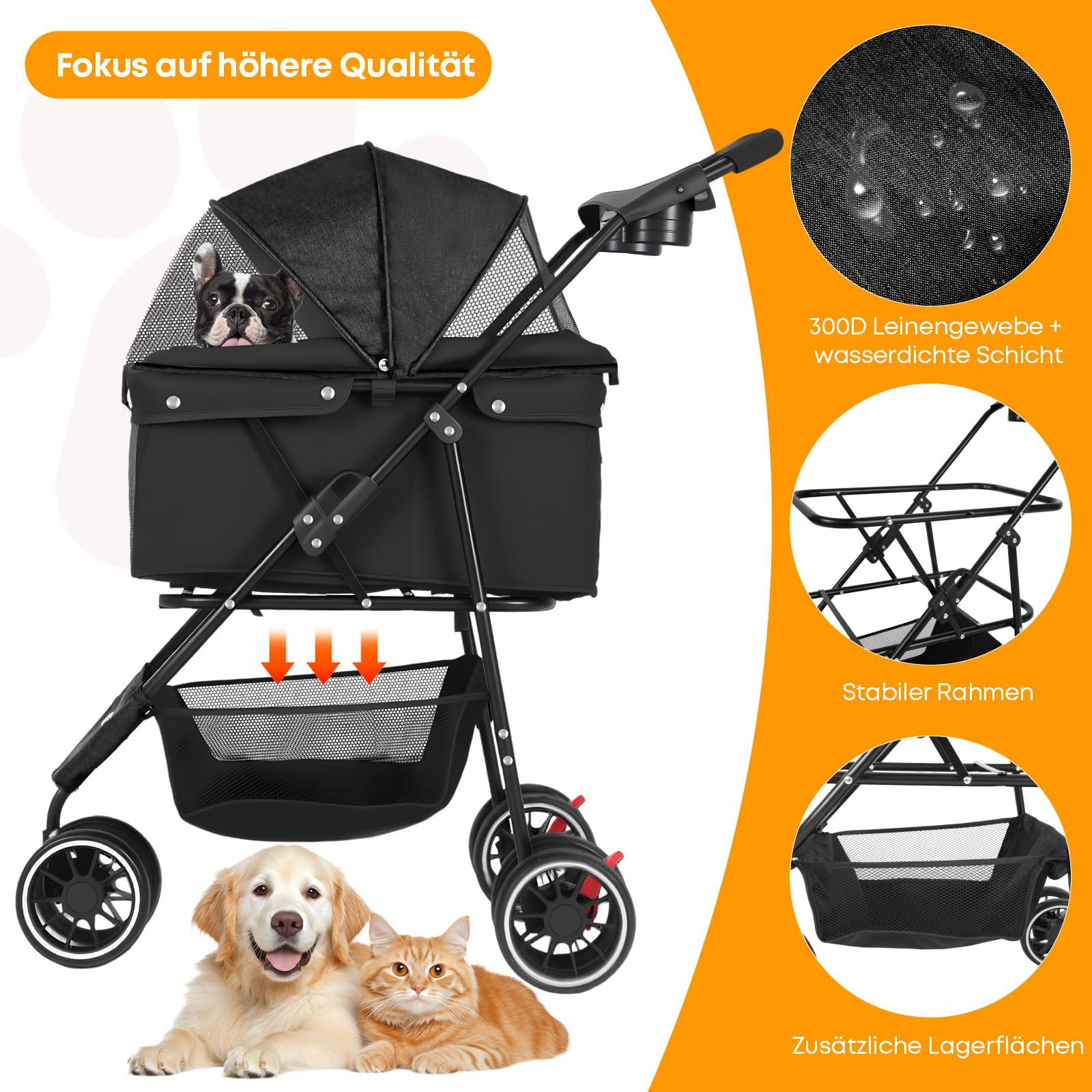 Chihuahua Hundewagen Faltbarer Hundekinderwagen Katzentransportbox für kleine und mittelgroße Hunde mit Netzfenster Schwarz