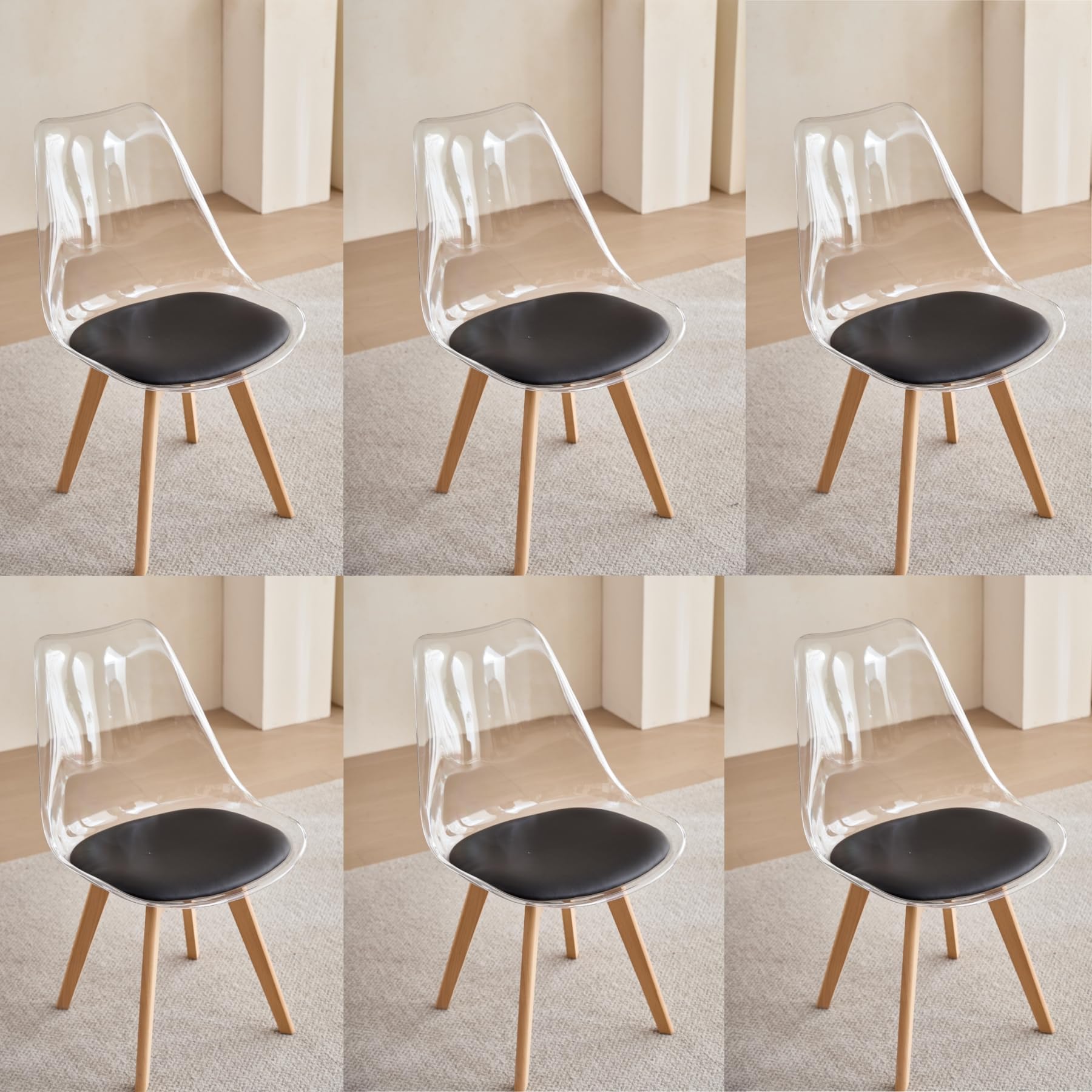 6er Set Esszimmerstuhls, Gepolsterter Esszimmerstuhl mit Transparenter Rückenlehne, Moderner, Einfacher Esszimmerstuhl, Küchenstuhl mit Buchenbeinen – Schwarzes PU-Leder