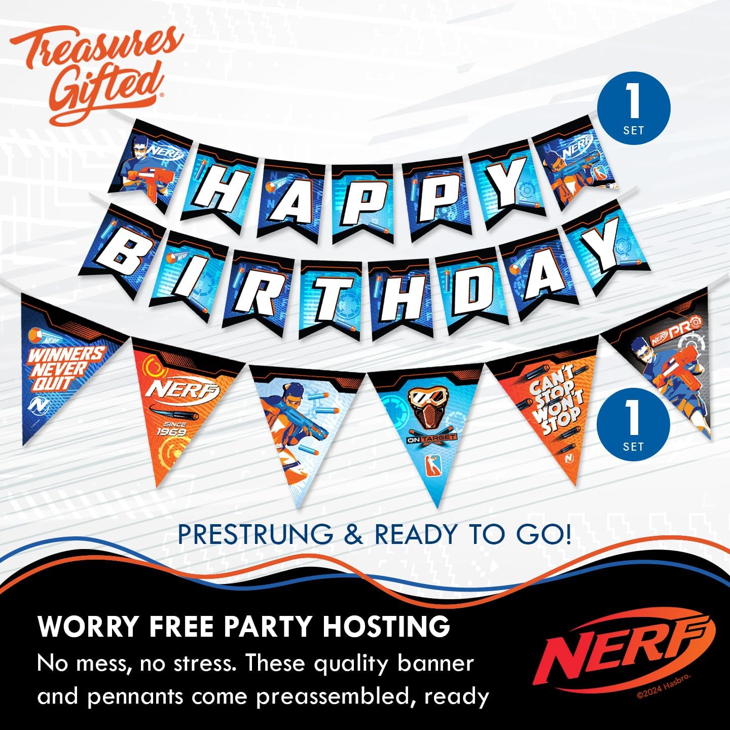 Treasures Gifted Officially Licensed Nerf Birthday Party Supplies Serves 24 - Ultimate Set Nerf Party Supplies - Birthday Decorations - Dinnerware Set, Banner, Backdrop, Cake Topper & More