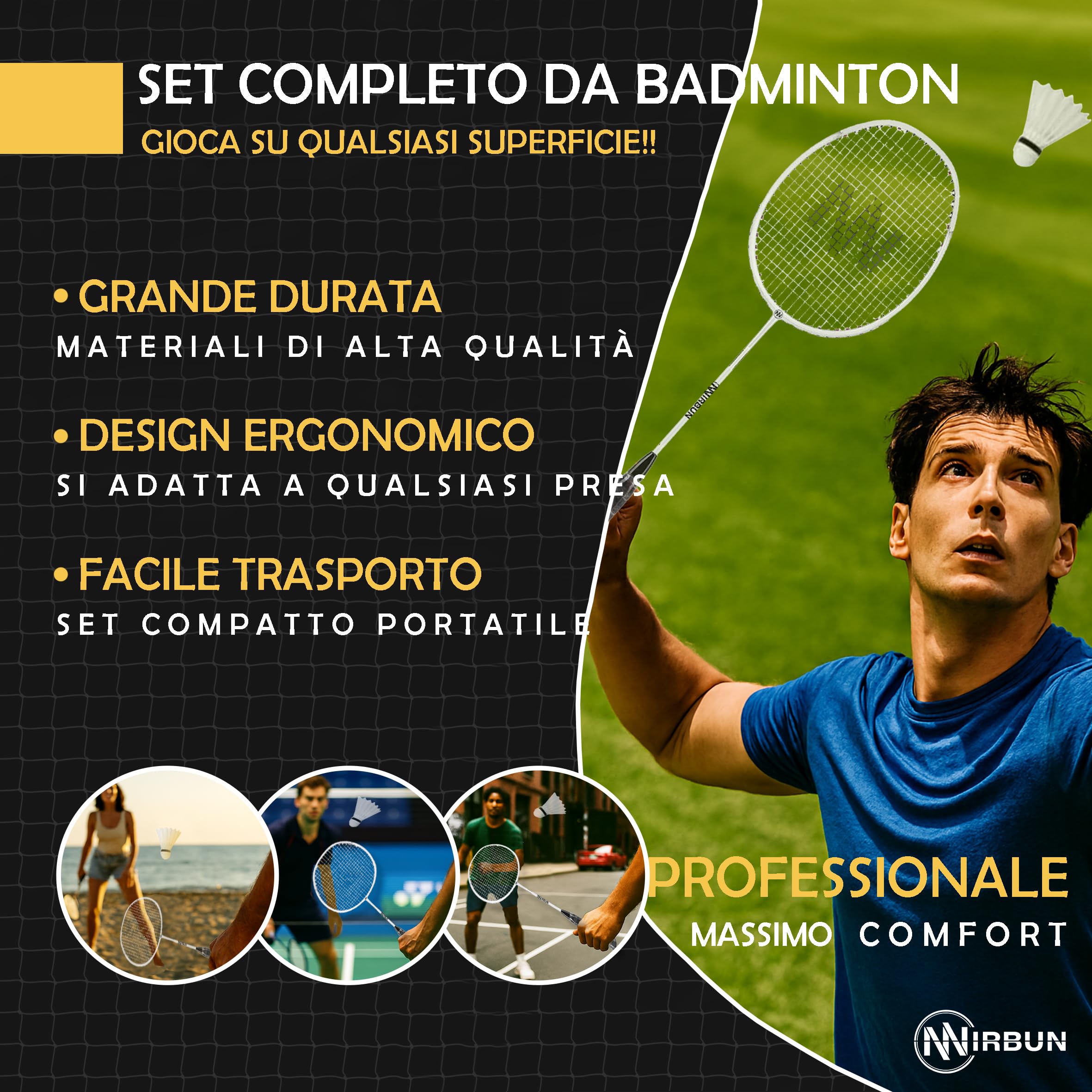 Set da badminton per 4 giocatori con rete | Racchette professionali + 3 volani + borsa per il trasporto | Robusta struttura in metallo | Rete da 5,1 | Gioco per famiglie per interni esterni