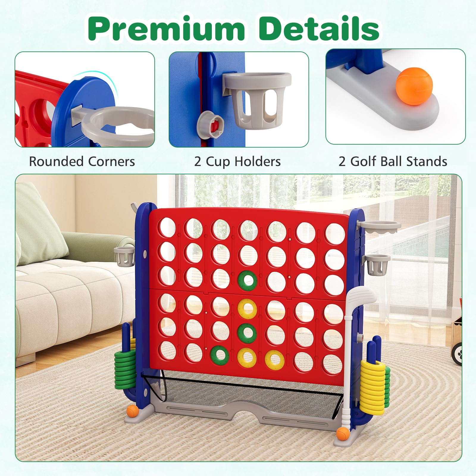 FANTASK Set di giochi giganti 4 in 1, quattro vincite XXL con anelli, cestino da basket e gioco da golf, gioco da giardino con porta bevande, scomparto a rete e borsa per il trasporto, per bambini e