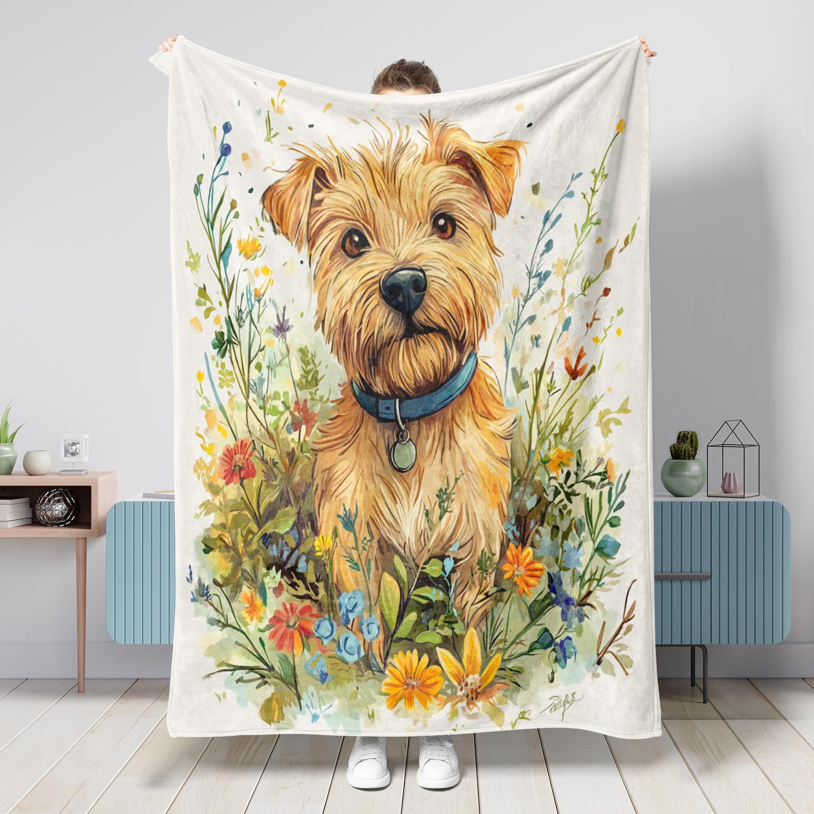 Spring Norfolk Terrier Dog Blanket 40x50 Inch, Cartoon Plant Leaf Warm Soft Cozy Flannel Throw Blankets for Bed Living Room Camping Travel, Pet Couch Sofa Decor