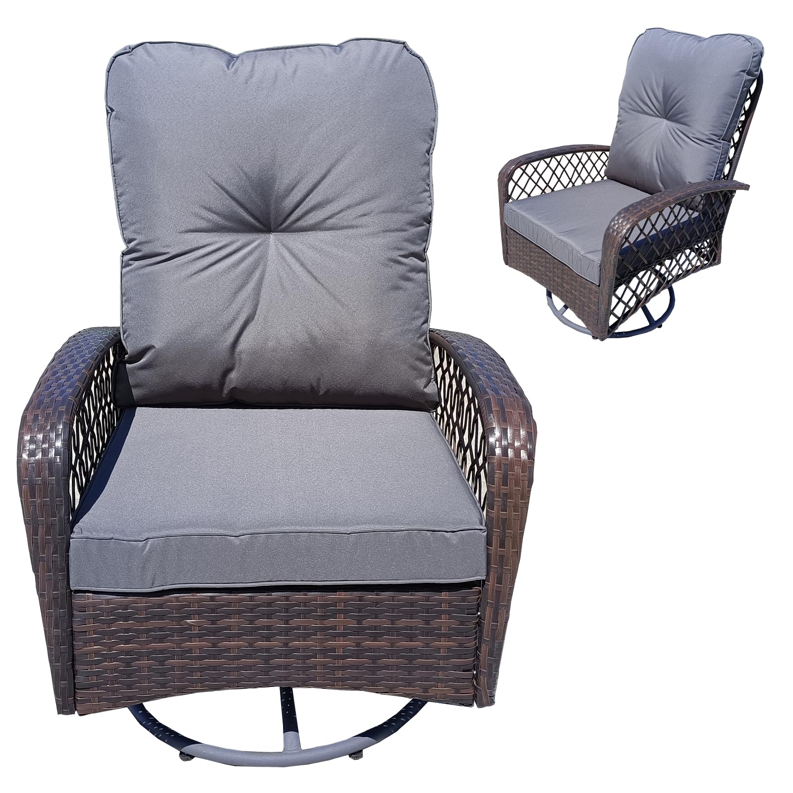 AZRBOPO Patio Rattan Swivel Chair, 360° Swivel with Soft Cushion, Lounge Armchair - Weatherproof PE Rattan, Steel Frame (Brown)