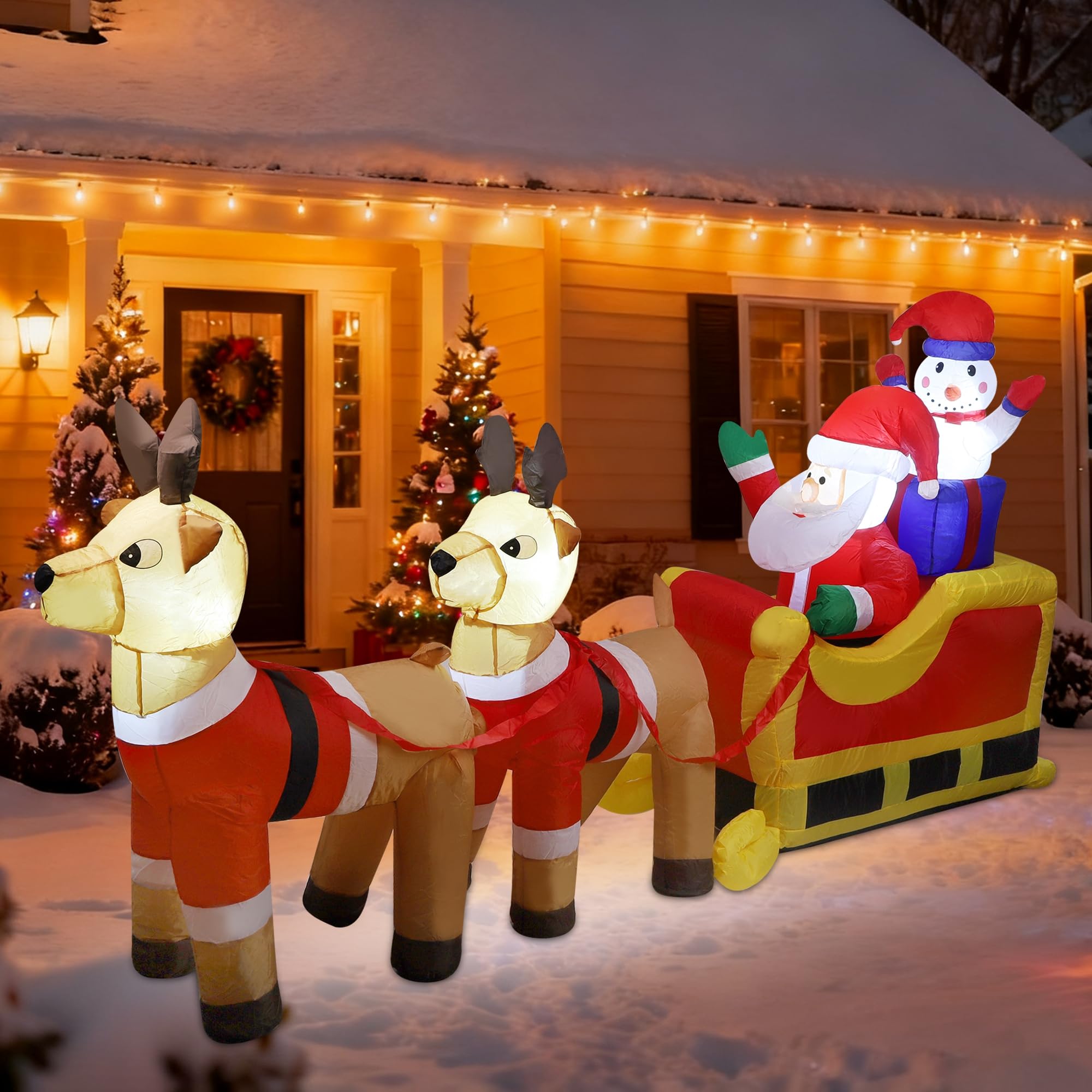 Cllayees Papá Noel inflable de Navidad y muñeco de nieve en trineo con renos, decoraciones de patio inflables de Navidad con luces LED integradas, perfecto para puerta delantera, jardín, césped,
