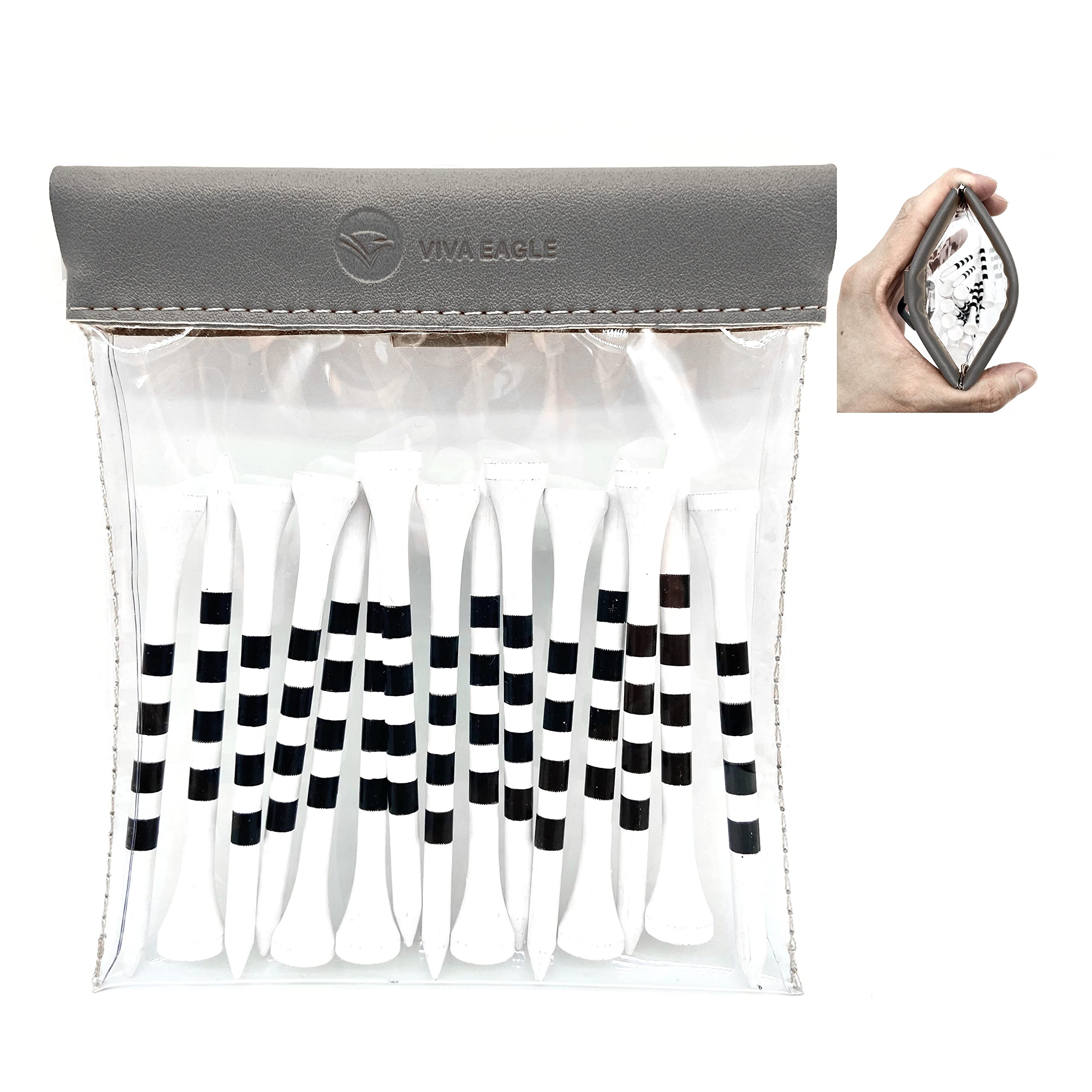 Golf Tees Pouch Bag with Clip, Clear Transparent Squeeze Top Pocket to Store Golf Accessories and Valuables | 15 Bamboo Tees Included