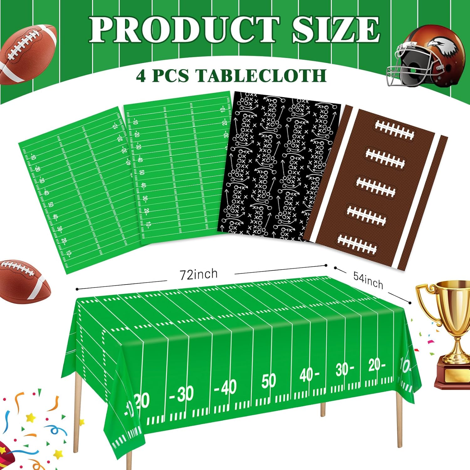 Football Tablecloth 4 Packs, Football Party Decorations, 54"X72" Plastic Table Cover, Disposable Football Table Cloth for Football Theme Party Games Supplies - Image 2