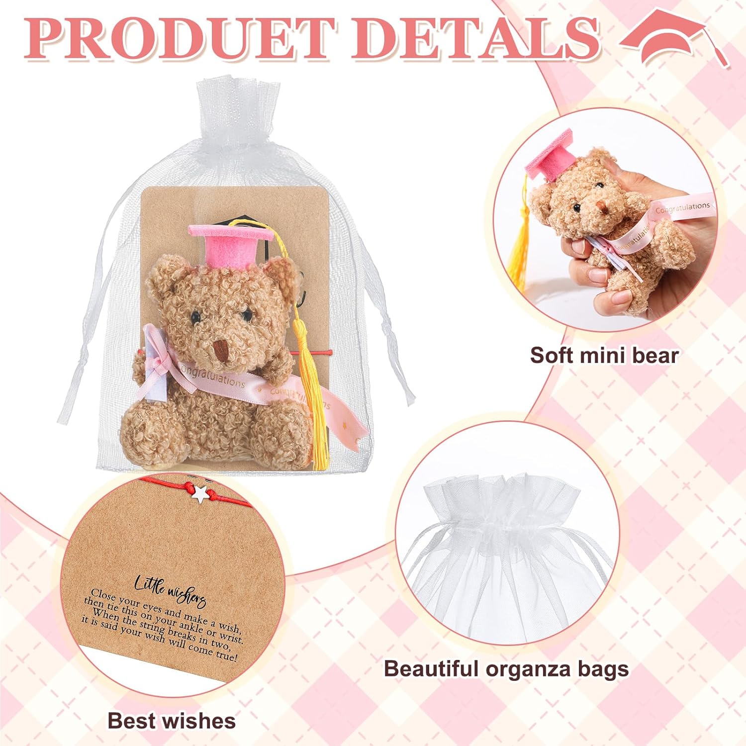 50 Pcs 2025 Preschool Graduation Bear Bulk Set with 25 Mini Graduation Gift Stuffed Bear 25 Adjustable Wish Bracelets Organza Bag for Class of 2025 Preschool Kid Child Student Grad Party Favor(Pink)