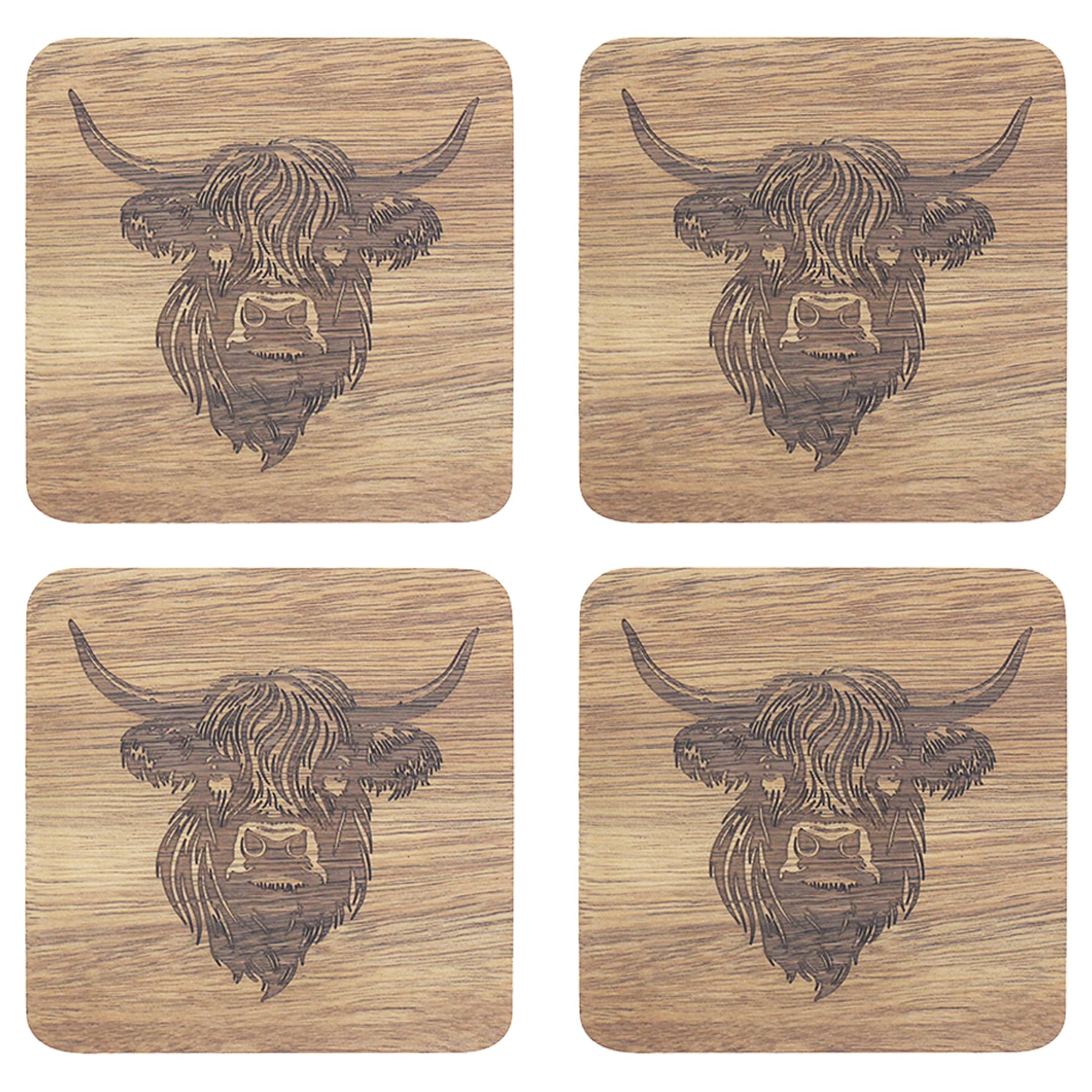 Wooden Highland Cow Dining Tableware Ideal Kitchen Non Slip Washable | Set Easy to Clean Tableware (Set of 4 Coasters 1428)