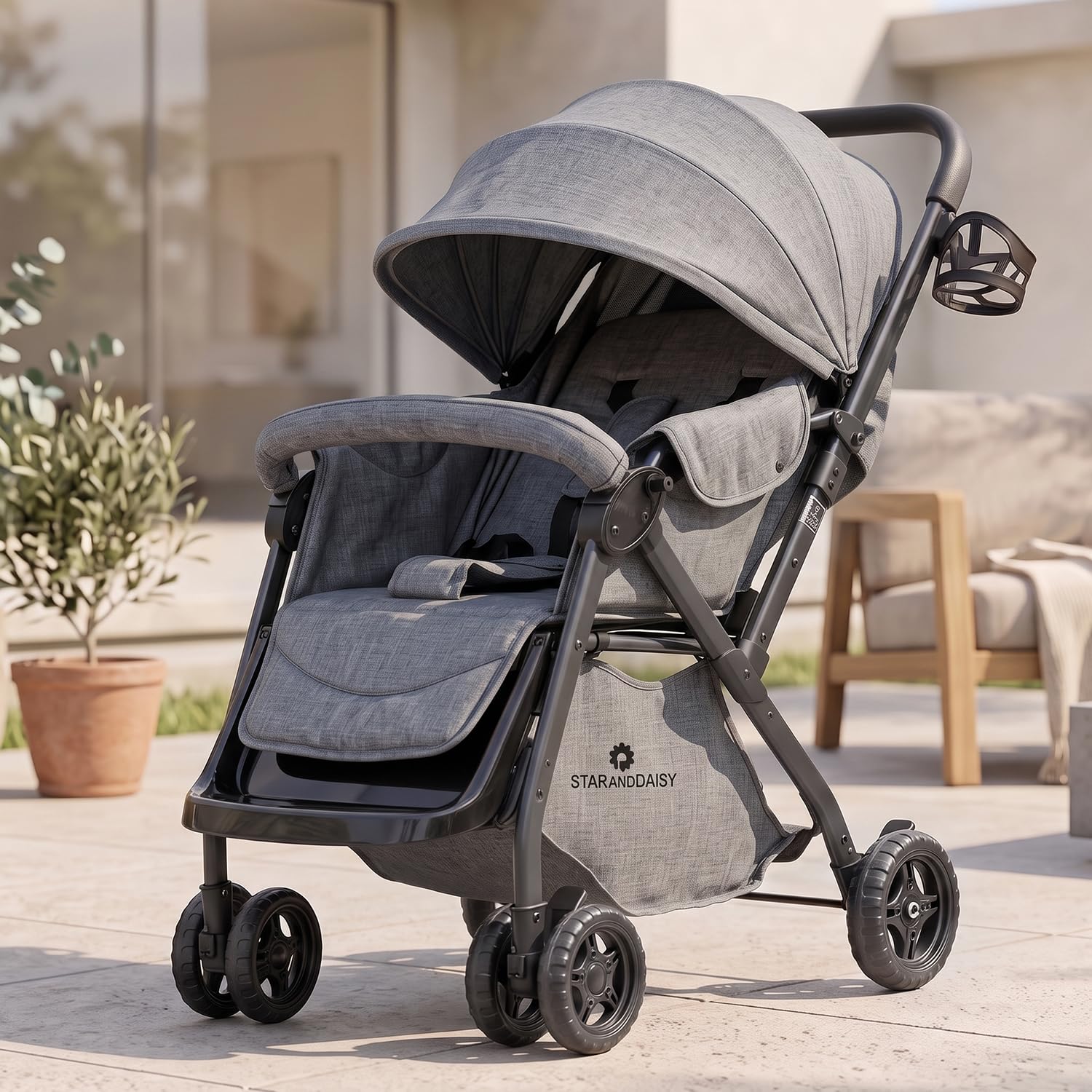 StarAndDaisy Foldable Stroller for Baby 0-3 Years Infant & Toddler / Travel Pram for Baby with Adjustable Canopy & Footrest with Lockable Wheels, Multi-Level Recline , Removable Tray , Safety Harness Belt - Grey-picture-38