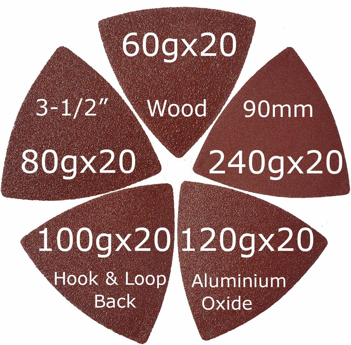 XXGO 100 Pcs 3-1/2 Inch 90mm Assorted Grit Triangle Multitool Sanding Pads | Hook & Loop Design , Strong Velcro , Best for Wood Metal Sanding