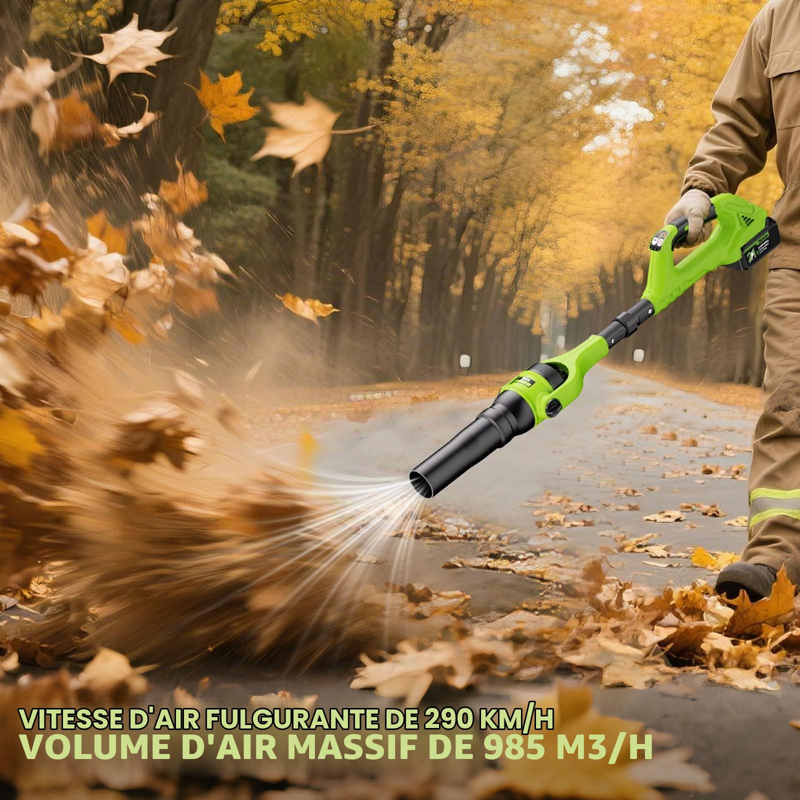 AOKIA Souffleur à Batterie avec Perche Télescopique 2 m & 2×4000 mAh, Souffleur Léger 290 km/h & 985 m³/h, Mode Turbo, Cordless Leaf Blower pour Jardin, Neige, Feuilles & Poussière