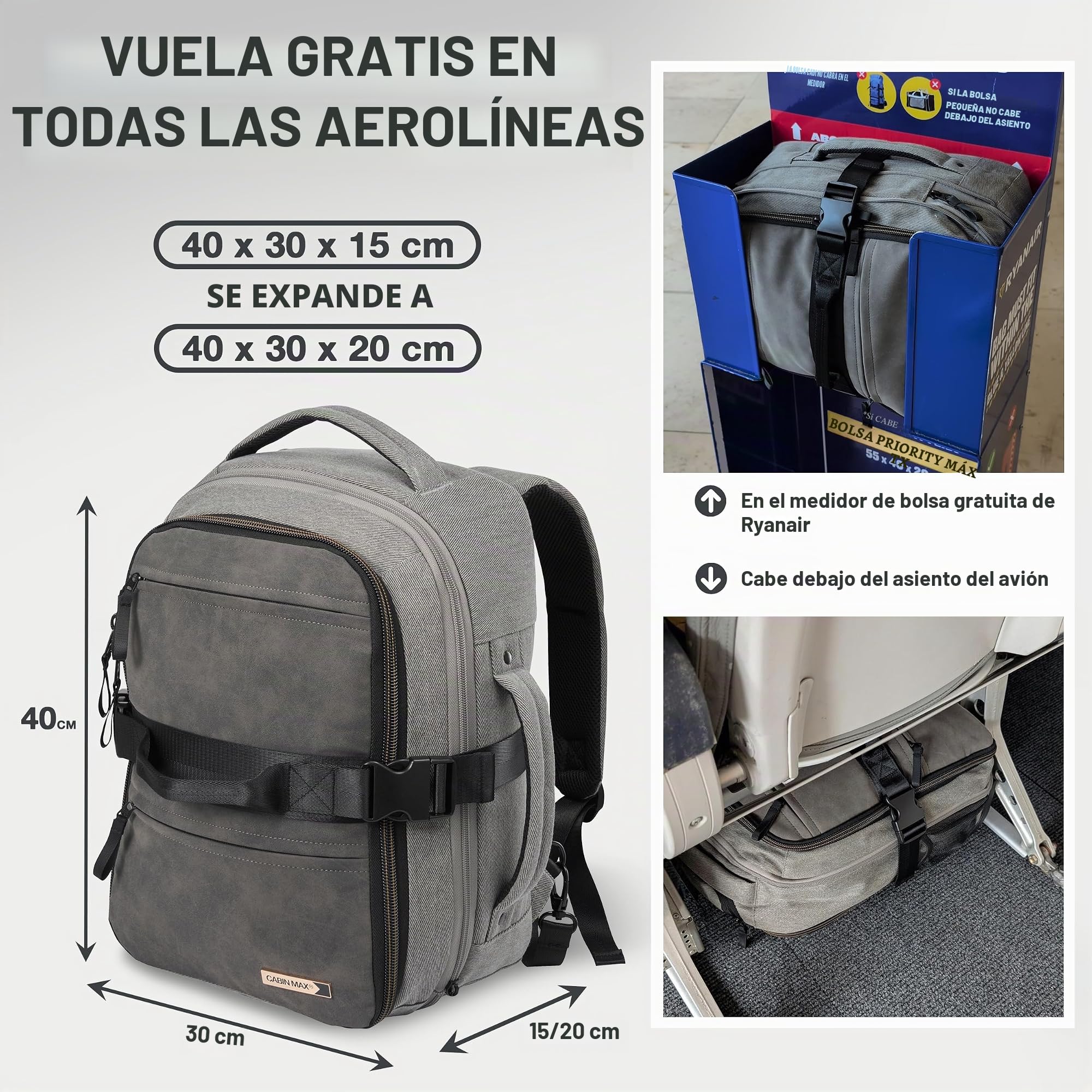 Cabin Max Evos Bolsa Viaje 40x30x20 Mochila Extensible de Mano híbrida con Ruedas (40 x 30 x 15 cm y 40 x 30 x 20 cm), Gris, 40x30x15, Equipaje de Mano Debajo del Asiento