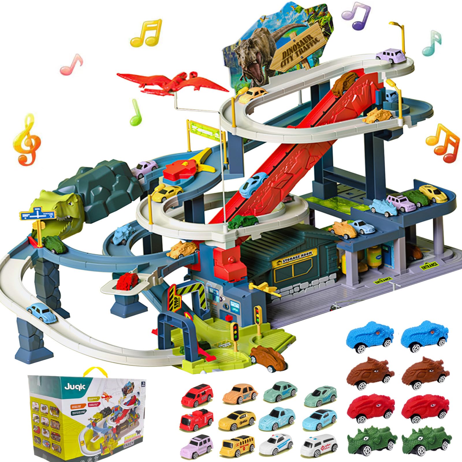 Juqic Kid's Toy Car Ramp Track Railcar Slot Car Vehicle Race Tracks Play Set with 20 Mini Cars for Preschool Boys Puzzles Gifts Children Ages 3 to 6 or Older