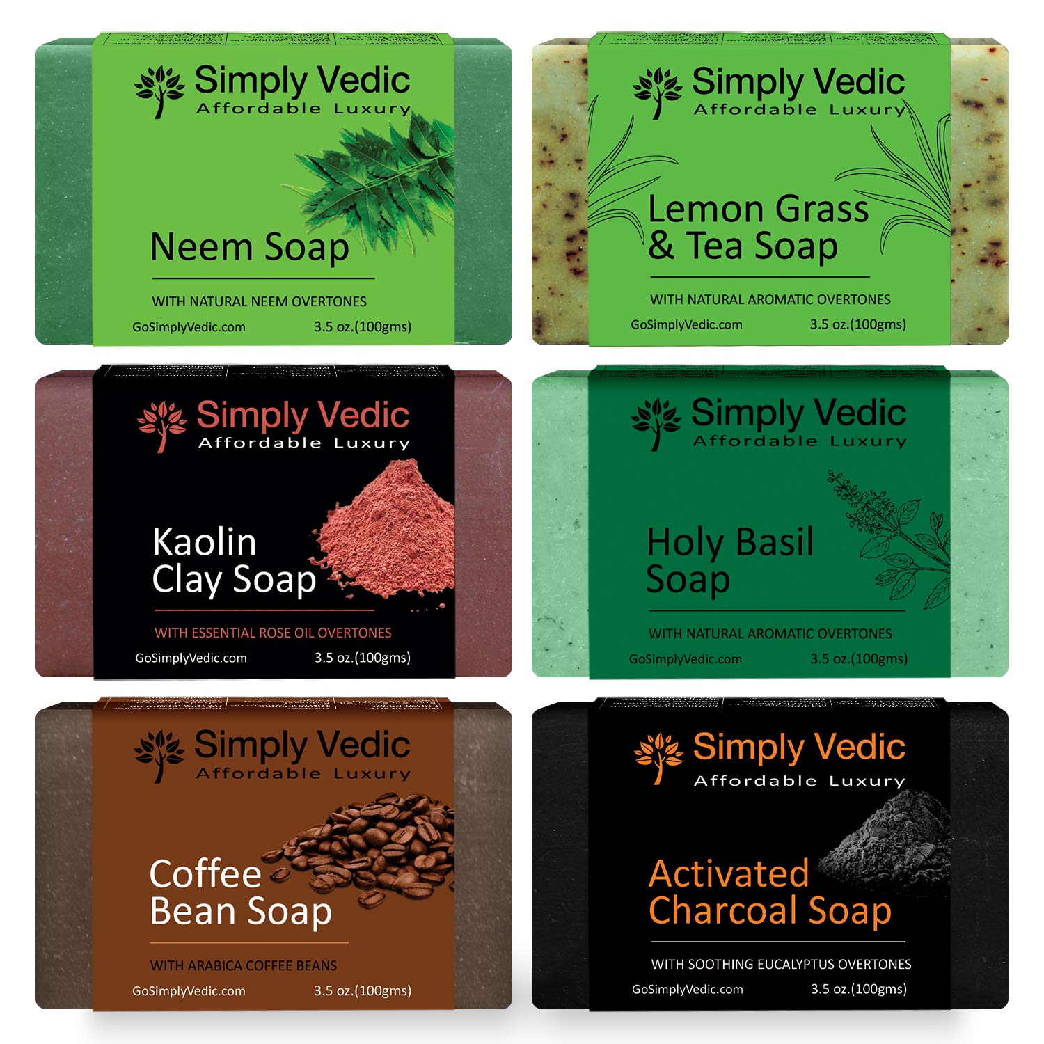 Simply Vedic6-Pack Soap Bar Collection For Body, Hand, Face; Goat Milk(2), Dead Sea Clay Soap(2), Oatmeal Honey Soap(2) Cold Pressed Handmade For Men & Women (3.5 Oz. X 6)