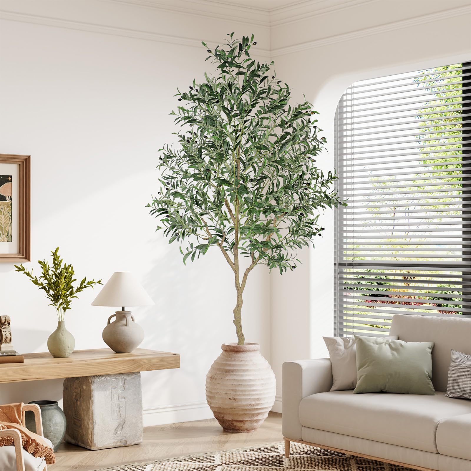 YOLEO 7FT Artificial Olive Tree, Lifelike Fake Silk Tree Indoor, Faux Olive Tall Plant for Living Room Bedroom Balcony Corner Office Decor (Style 3)