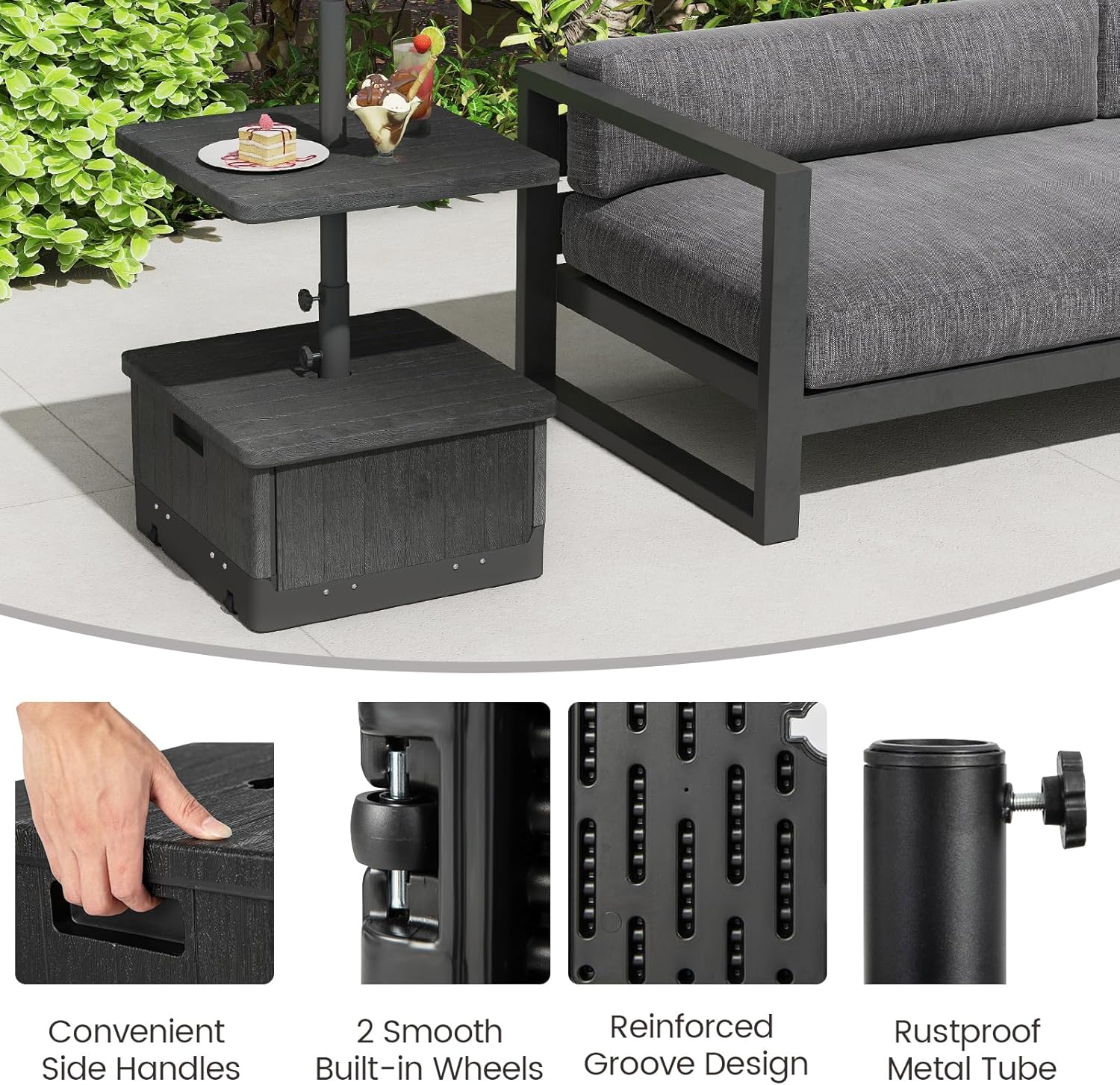 Tangkula 3-in-1 Patio Umbrella Base, 175 LBS Moveable Umbrella Stand w/Table Tray & Weighted Bag, Side Handles, HDPE Frame, 2 Pole Adapters, Garden Coffee Table Planter Box (Black)