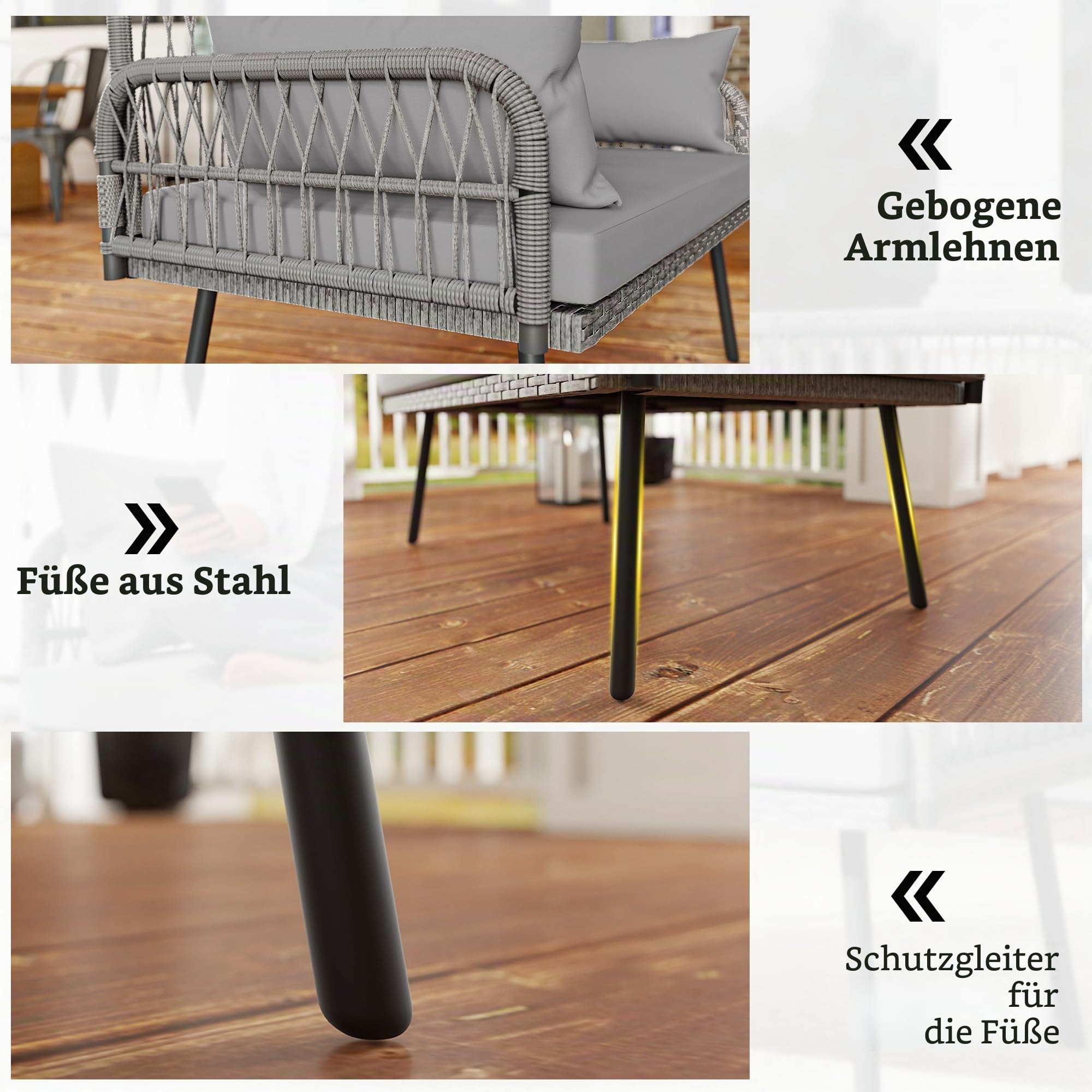 Outsunny Gartensofa mit Kissen und Kopfkissen, 2-Sitzer aus geflochtenem Kunststoff, Outdoor-Sofa mit Armlehnen, Rahmen aus verzinktem Stahl für den Balkon, dunkelgrau