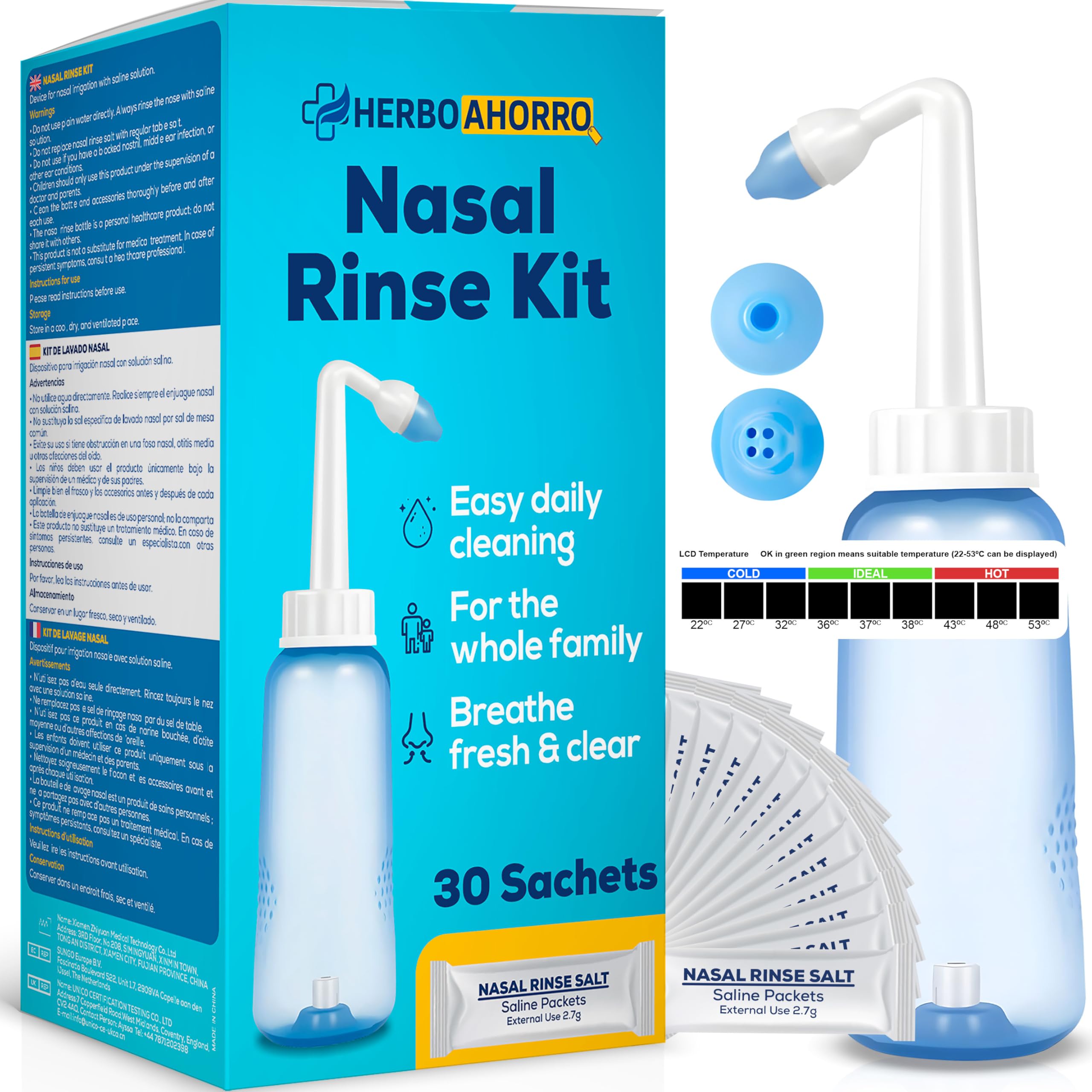 Nasal Wash Kit with Water Control Valve – Nasal Irrigator with 30 Salt Sachets – Tips for Adults and Children – Daily Nasal Cleanse – Includes Thermometer – Capacity 300 ml