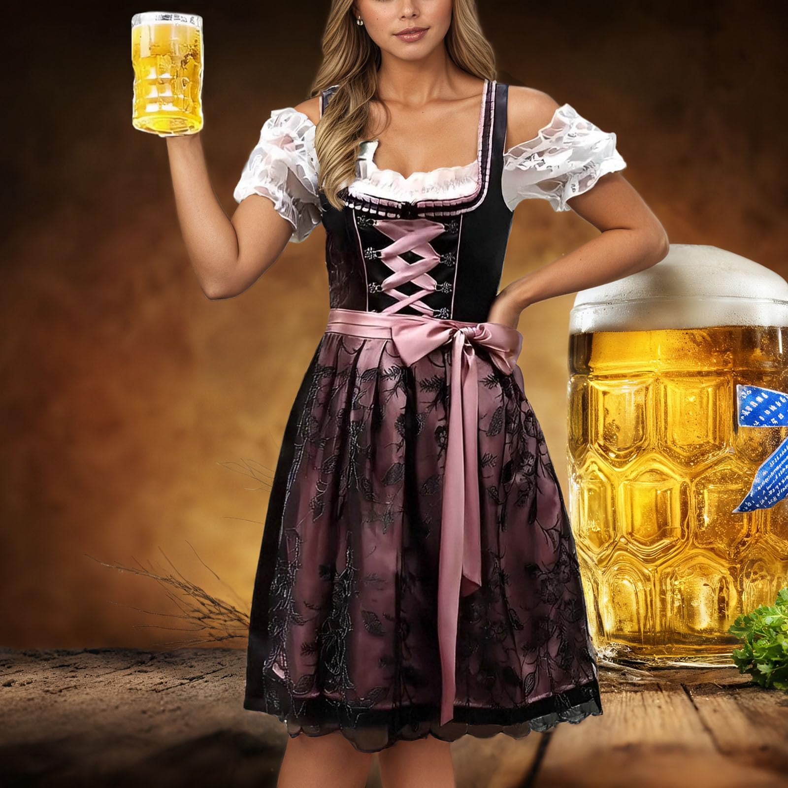 Dirndl Damen Midi Set 3 Teilig - Dirndl Für Damen Lang - Elegant Retro Kleider Festlich Dirndlkleid Einfaches Mit Bindeseil U-Ausschnitt Dirndelkleider Teenager Mädchen Festliche Outfit