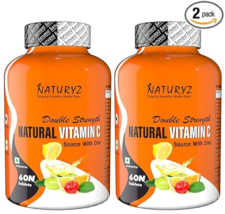 Naturyz Double Strength Natural Vitamin C & Zinc Supplement with Amla, Acerola Cherry, Citrus Bioflavonoids rich in Antioxidants for Immunity Support & Skincare pack of 2 (120 Vegetarian tablets)