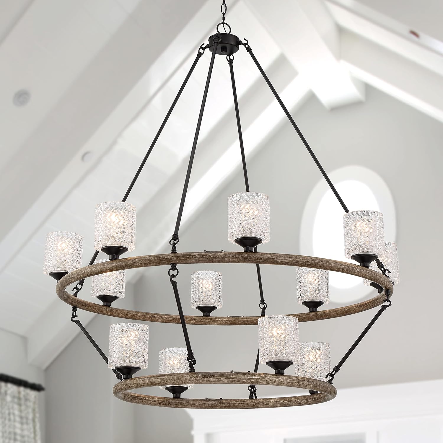 Vanity Art 12 Lights Crystal Wagon Wheel Chandelier Lighting | Modern 2 Tiered Hanging Light with Clear Glass Shades Farmhouse Candle Light Fixtures for Living Room MLT6212DW-BK