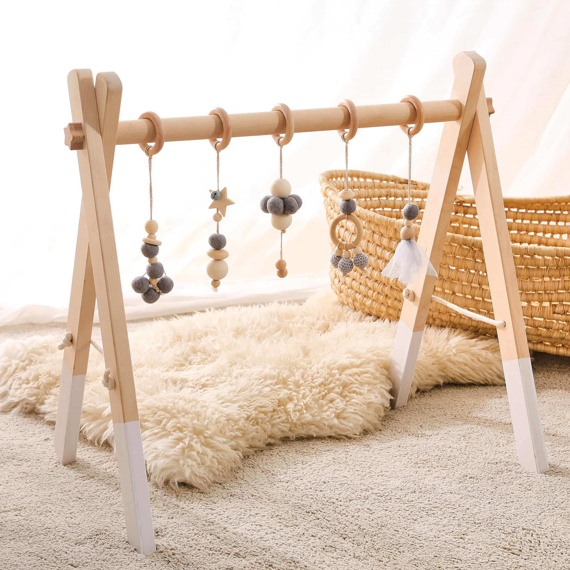 Promise Babe Spielbogen Baby Holz für Babies Baby Gym Holz Spielbogen Wickeltisch Neugeborenen Spielzeug Activity Spielebogen Babies Grau Baumwolle Design