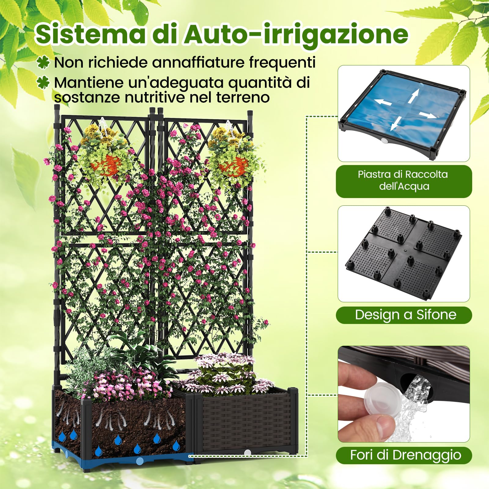 Letto Rialzato Da Giardino COSTWAY Con Tralicci – 80x40x126 Cm, Auto-irrigante, Drenaggio, Per Fiori, Ortaggi E Rampicanti, Balcone E Terrazzo