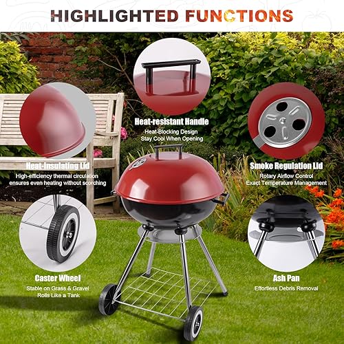 Miniatura 3 de Parrilla de carbón  Parrilla portátil de carbón de 18 pulgadas con mango y ruedas  Parrilla de hervidor para exteriores, patio, picnics, fiestas