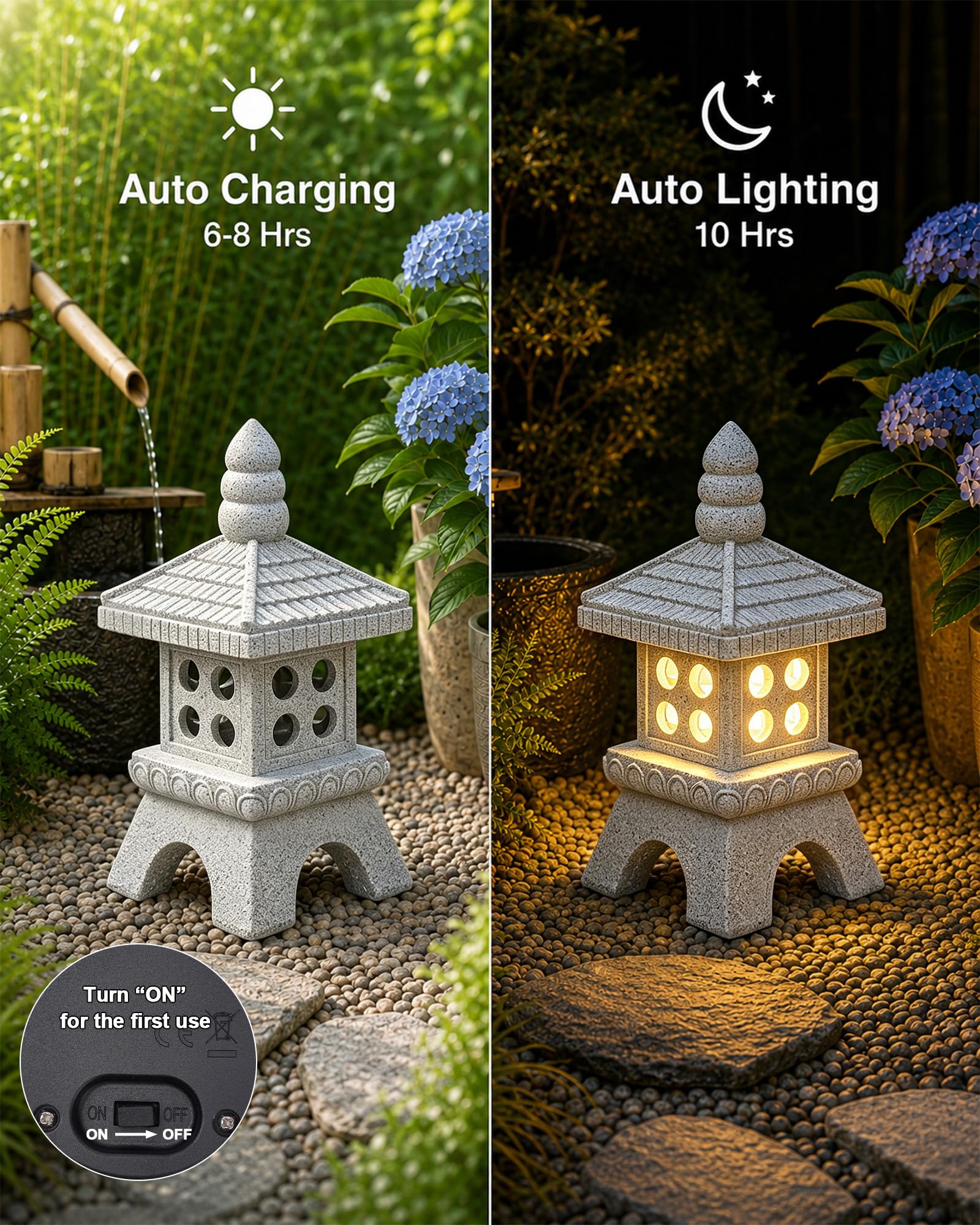 Yeomoo Pagoda solar con iluminación LED decorativa grande – piedra zen decoración de jardín de resina para jardín, terraza e interior – resistente a la intemperie, figura de jardín zen regalos para